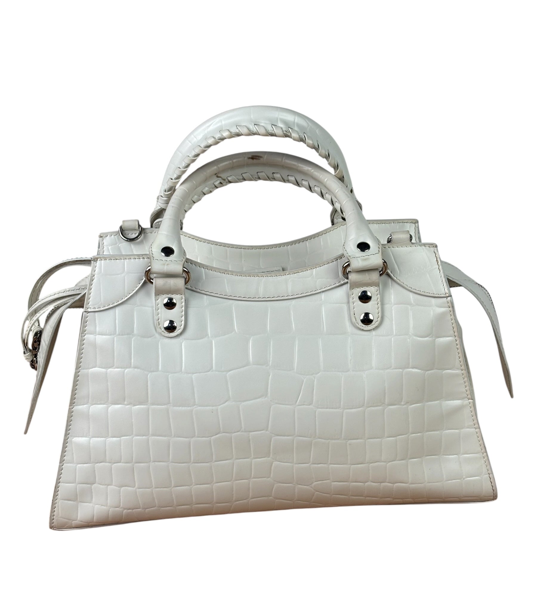 Balenciaga White Crocodile-Embossed Leather Two-Way Bag