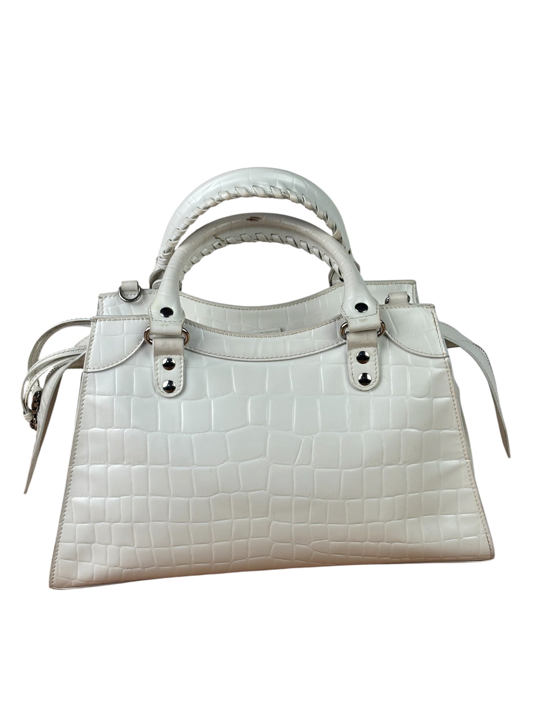 Balenciaga White Crocodile-Embossed Leather Two-Way Bag