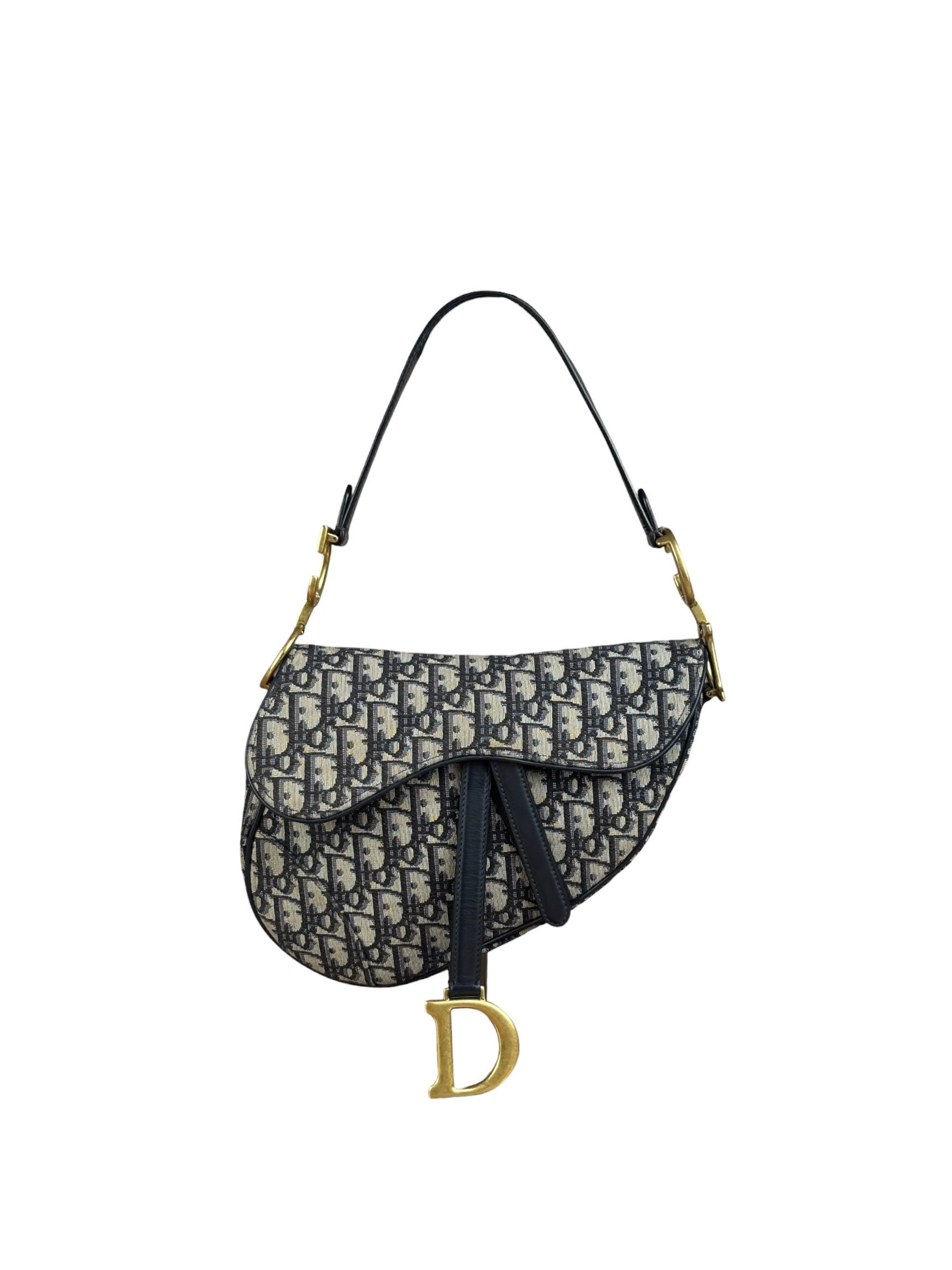 Christian Dior Navy Leather Trim Trotter Saddle Two-Way Bag