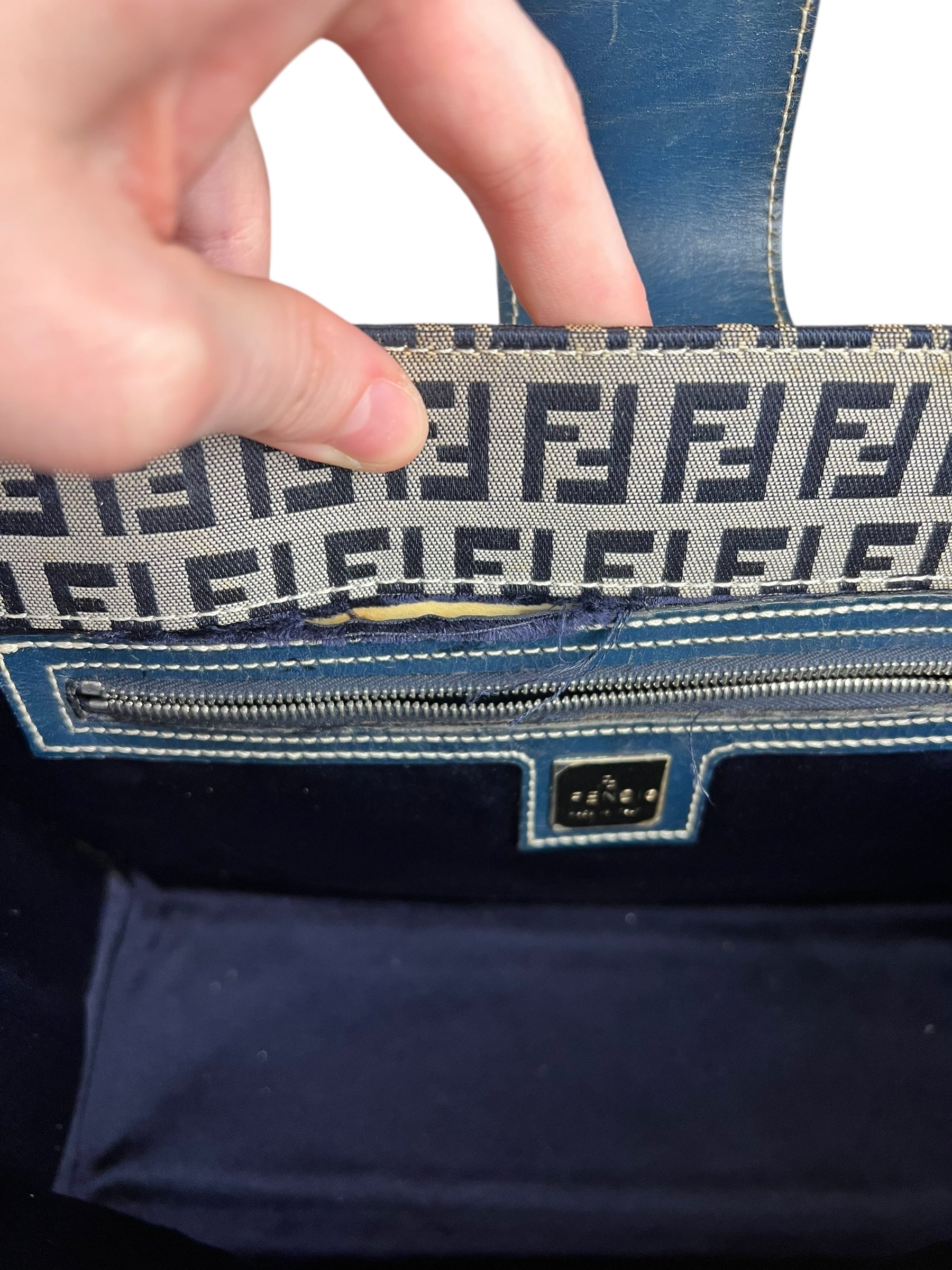 Fendi FF Buckle Navy Zucca Tote Handbag