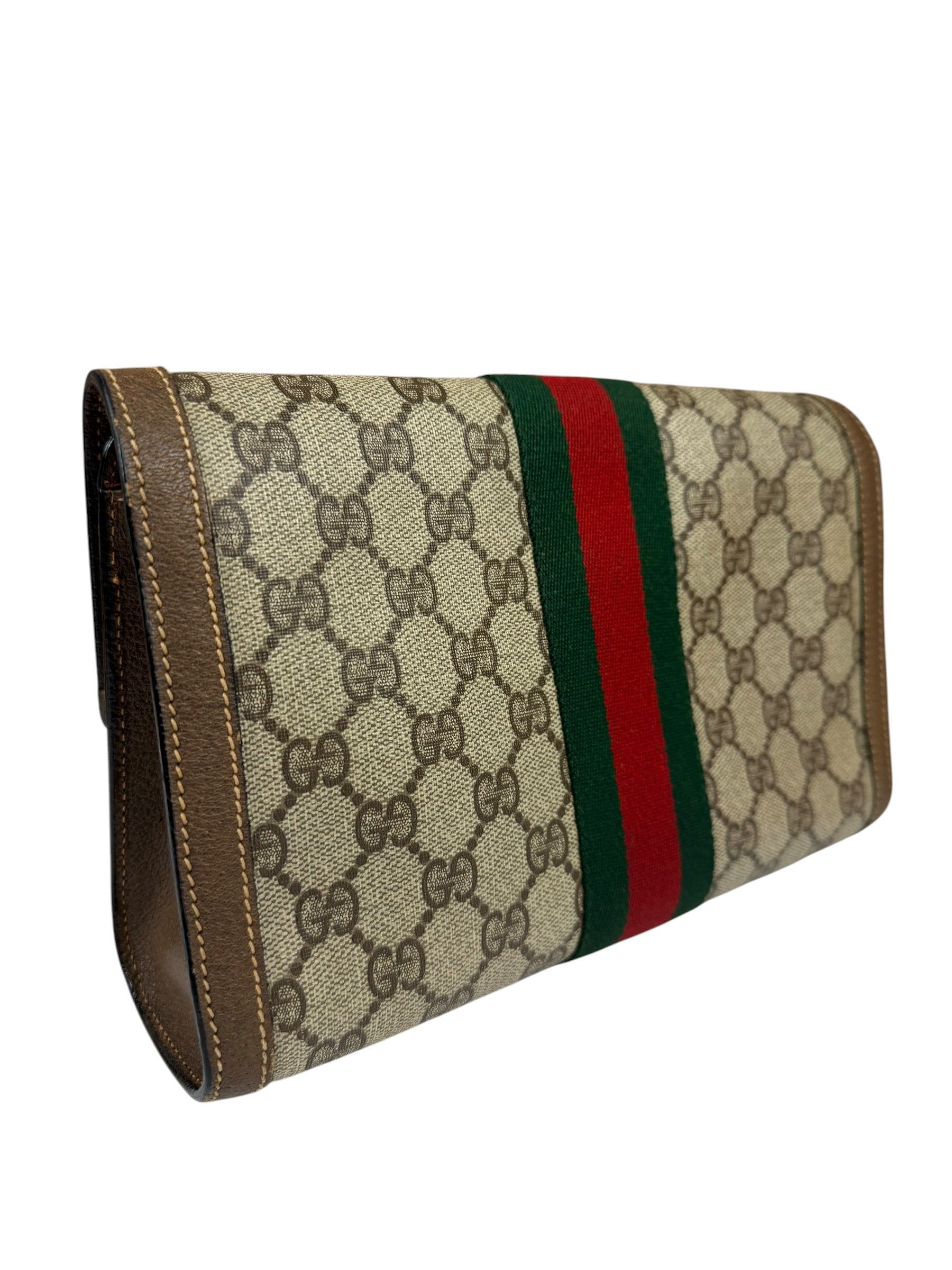 Gucci Brown Leather GG Supreme Web Stripe Clutch