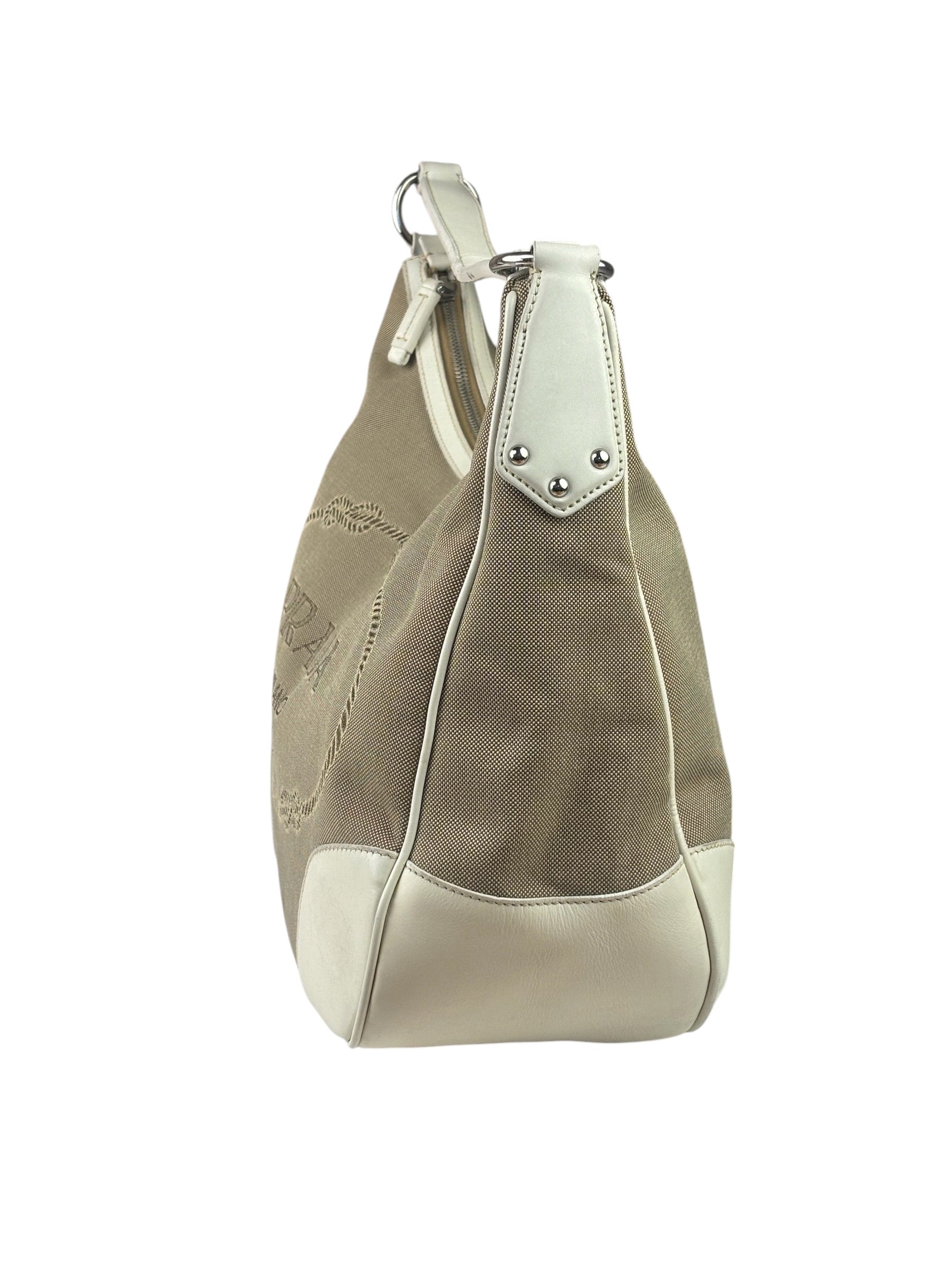 Prada Beige/Cream Leather Trim Logo Jacquard Hobo Bag