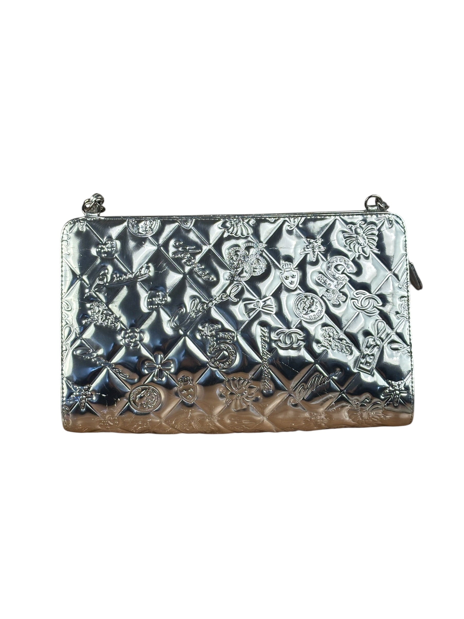 Chanel Metallic Silver Patent Leather Lucky Symbols Embossed Pochette 2007