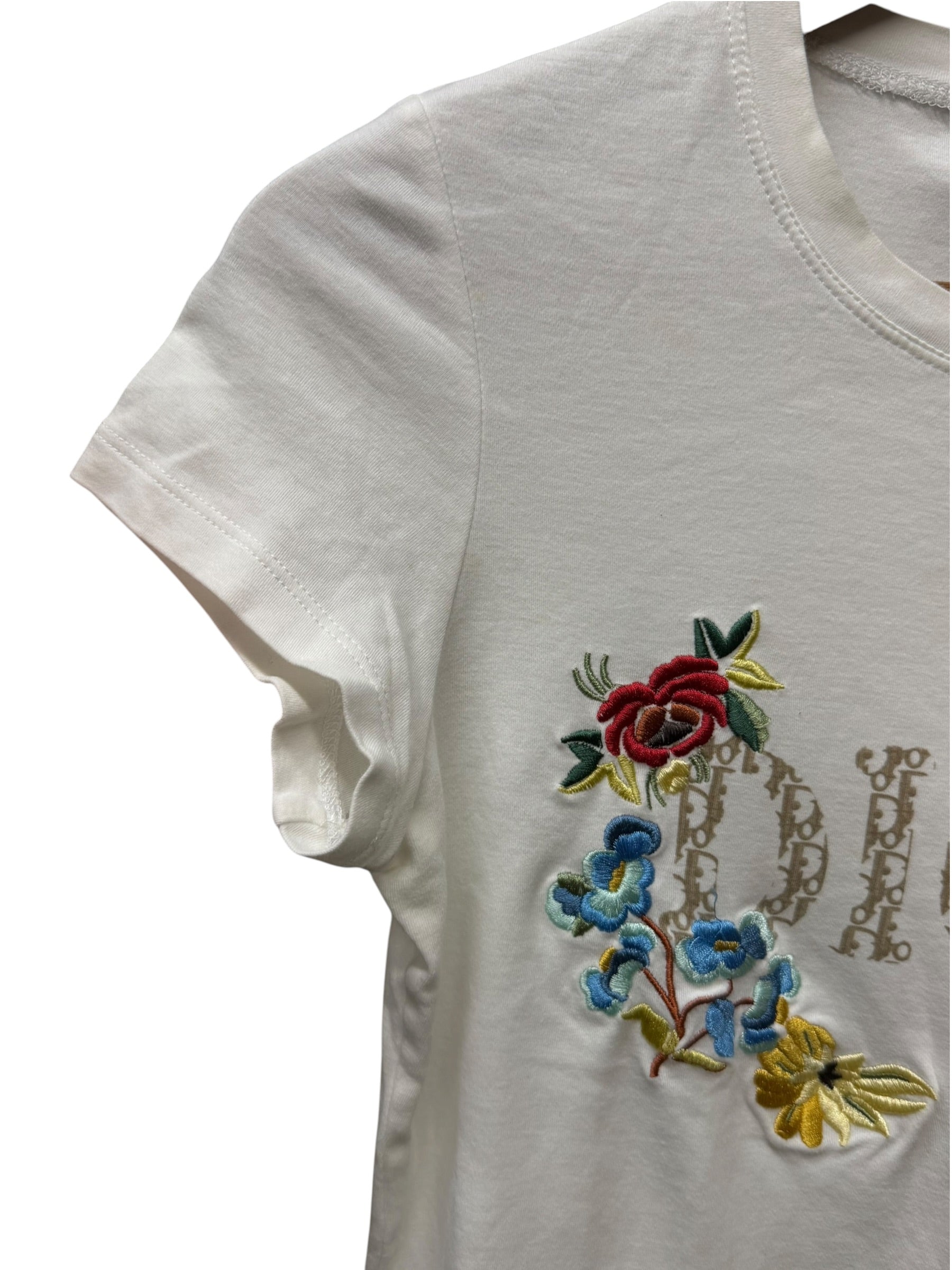 Christian Dior White Floral Embroidered Trotter Logo Short Sleeve T-Shirt