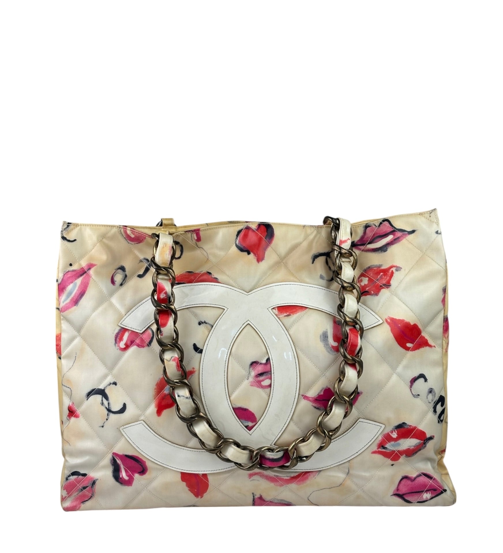 Chanel Vintage Beige Quilted PVC Kisses & Lips Print Tote 1994