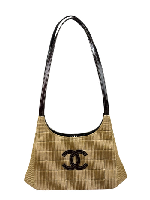 Chanel Beige/Burgundy Patent Leather Trim Chocolate Bar Kiss Lock Shoulder Bag 2000