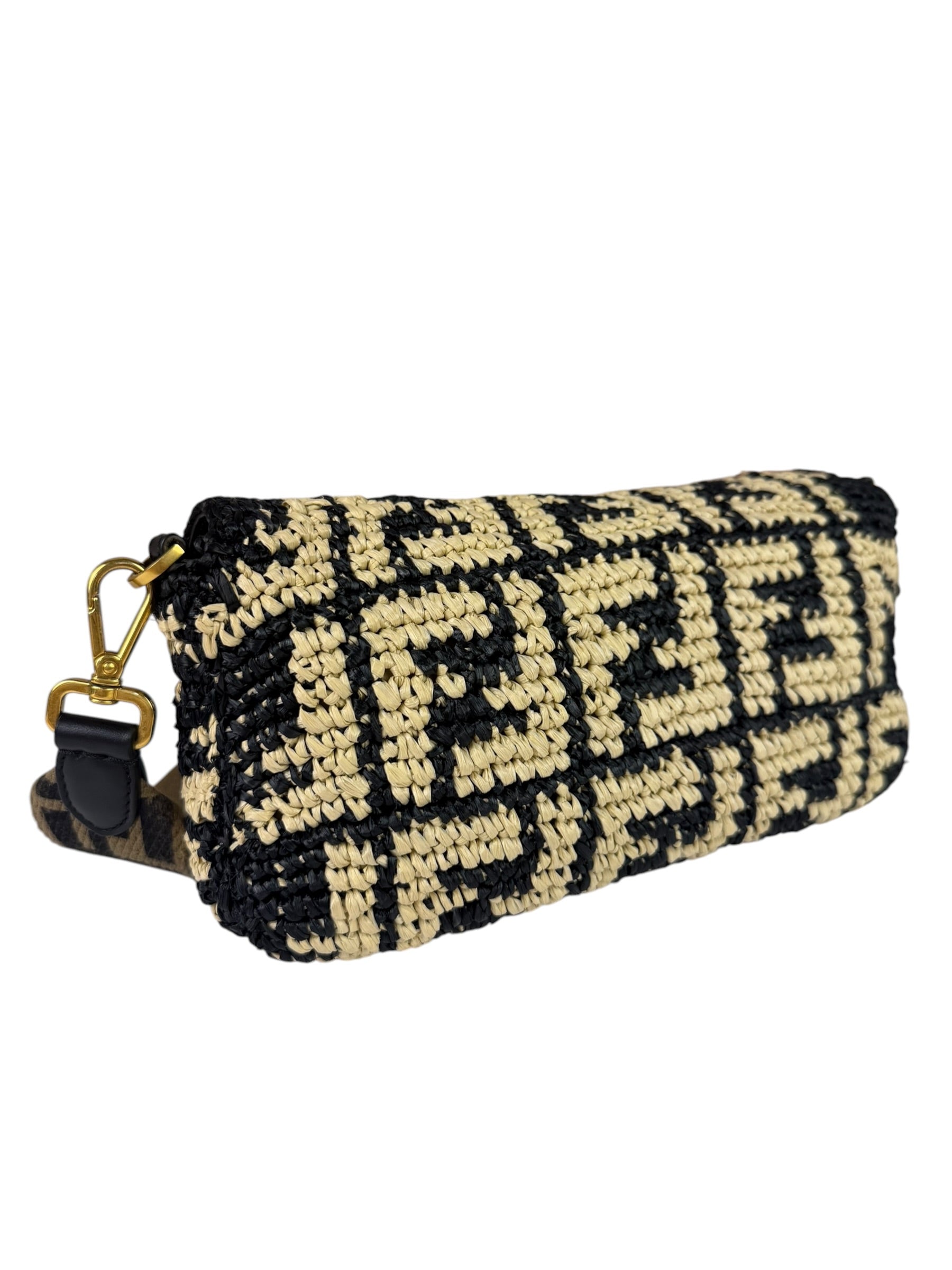 Fendi Black Raffia Zucca Shoulder Baguette
