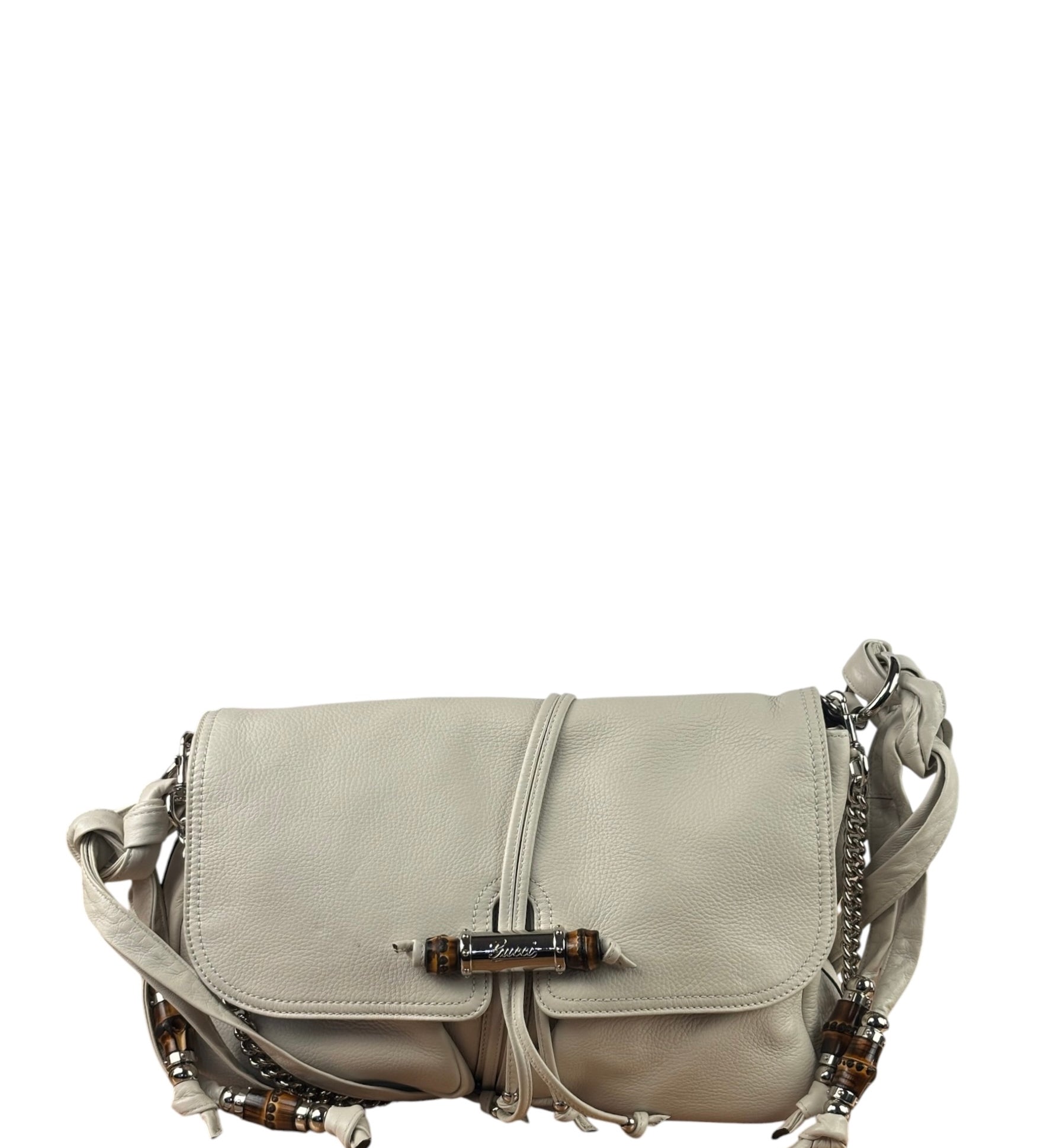 Gucci White Leather Bamboo Jungle Shoulder Bag
