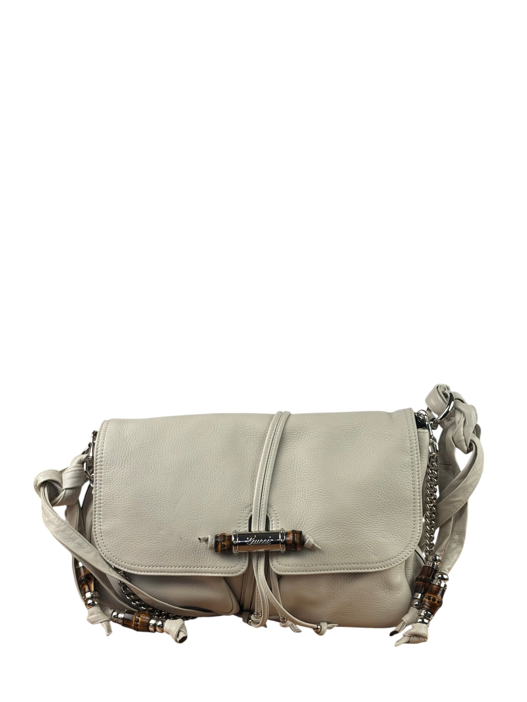 Gucci White Leather Bamboo Jungle Shoulder Bag