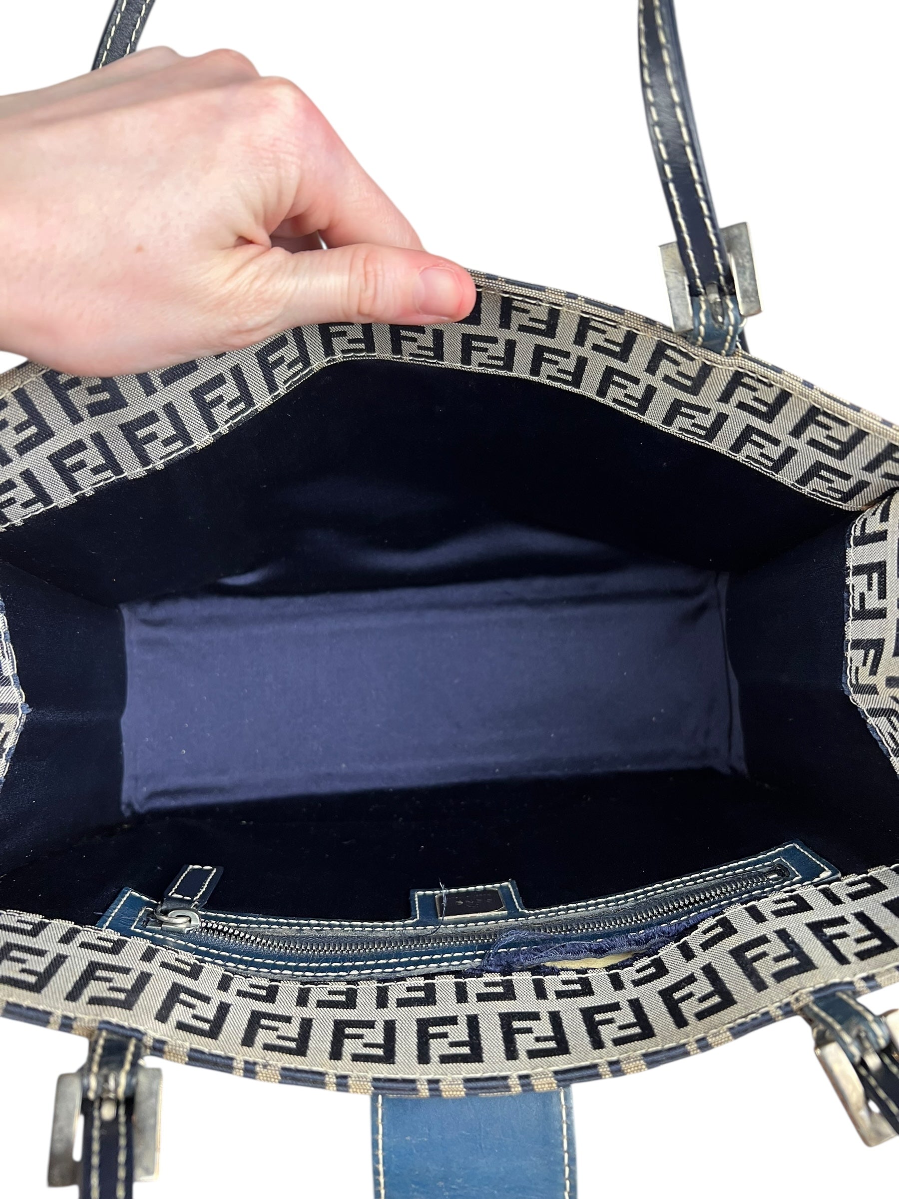Fendi FF Buckle Navy Zucca Tote Handbag
