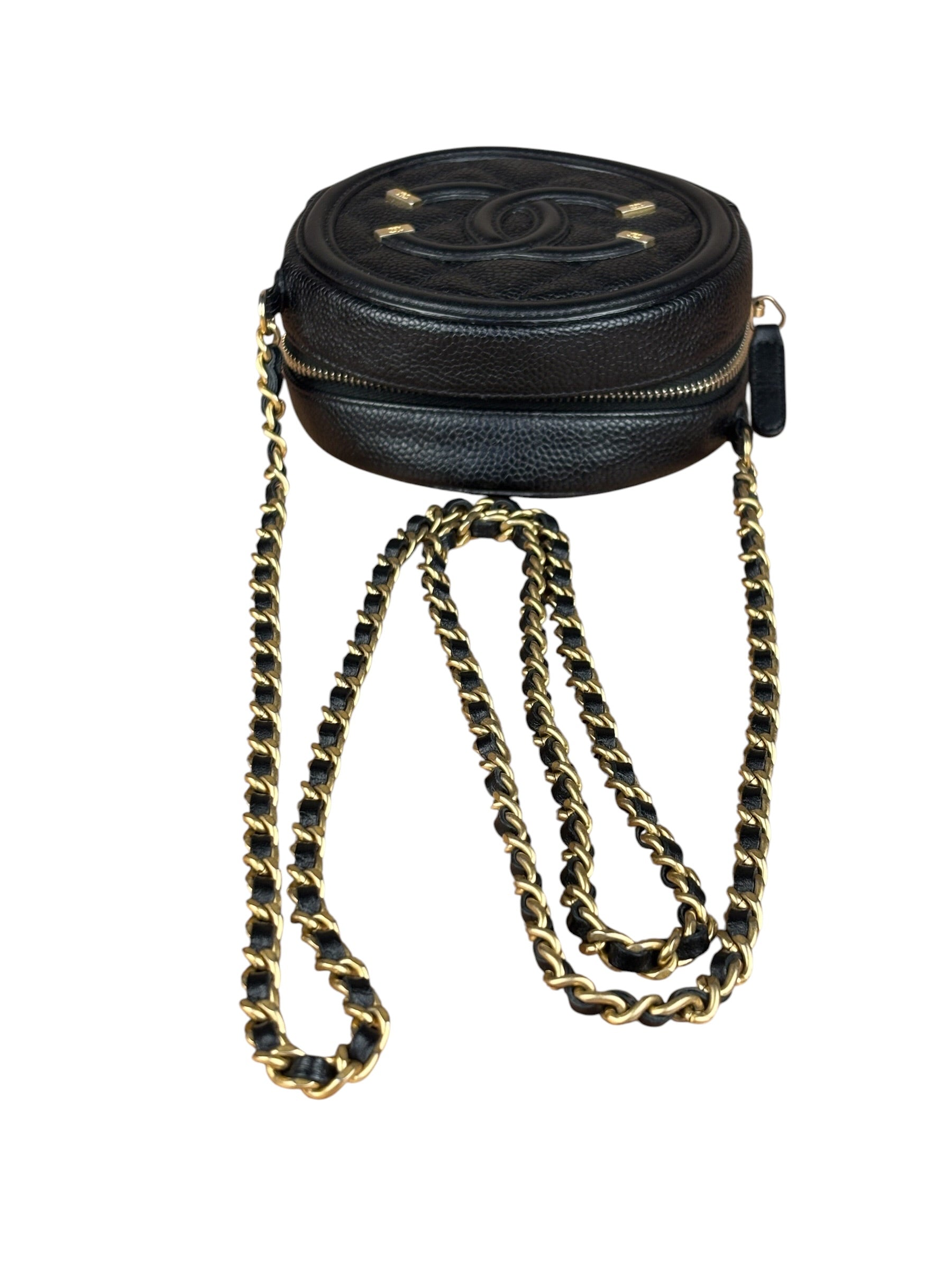 Chanel Black Quilted Caviar Leather CC Filigree Round Chain Clutch 2019