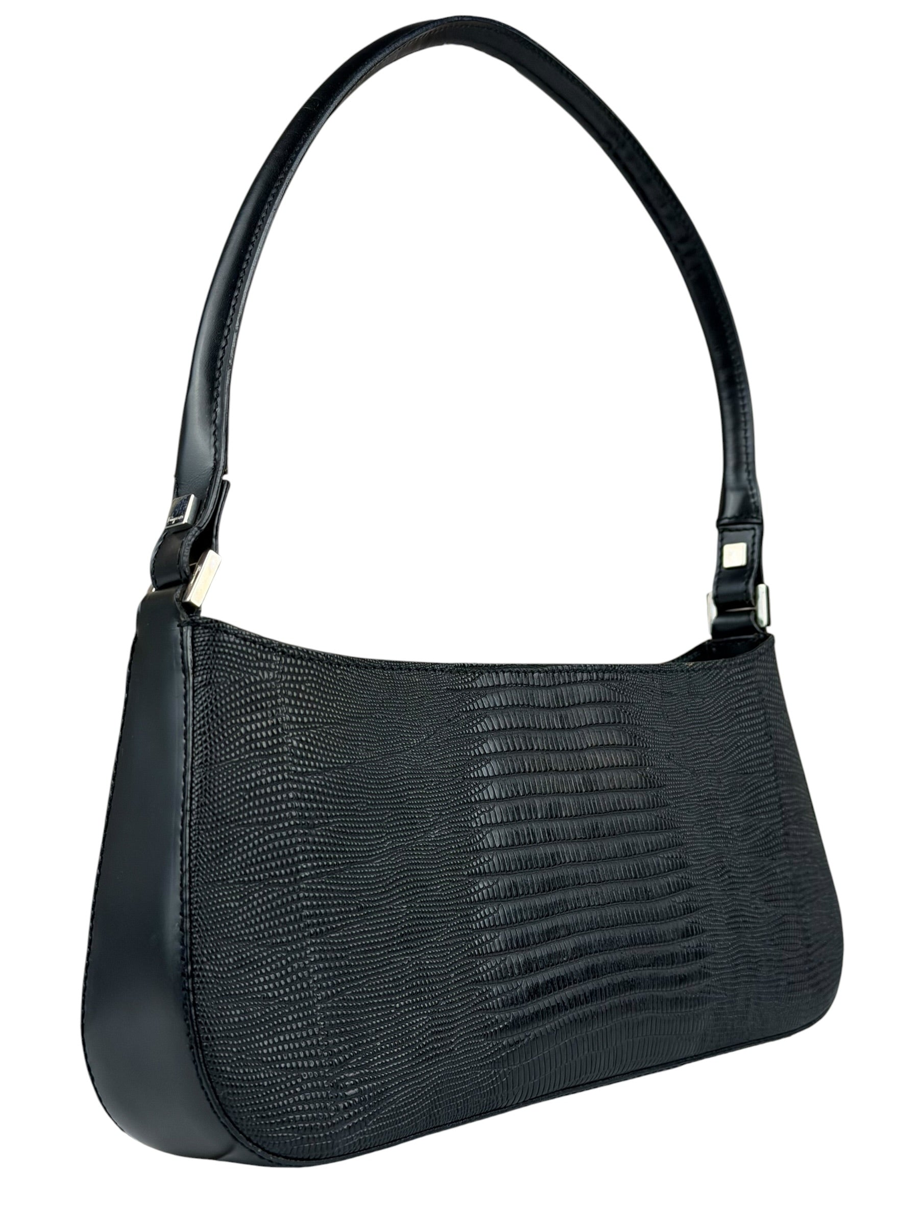 Salvatore Ferragamo Vintage Black Lizard Embossed Leather Pochette