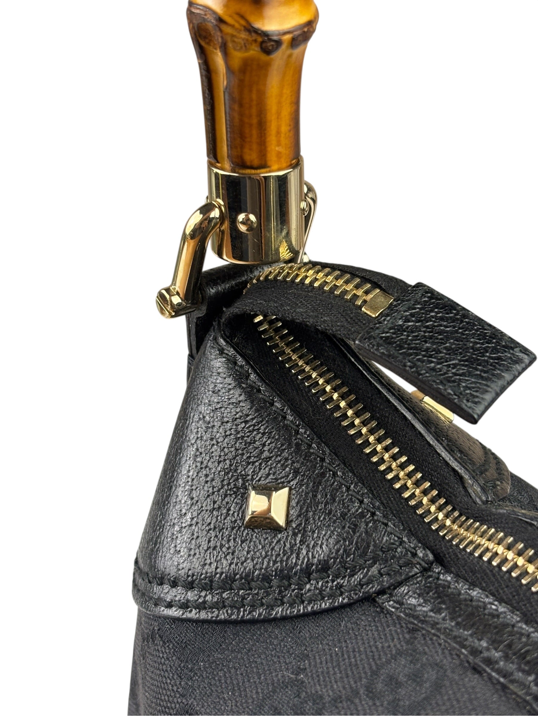 Gucci Black Leather Trim Bamboo Handle Hobo Bag