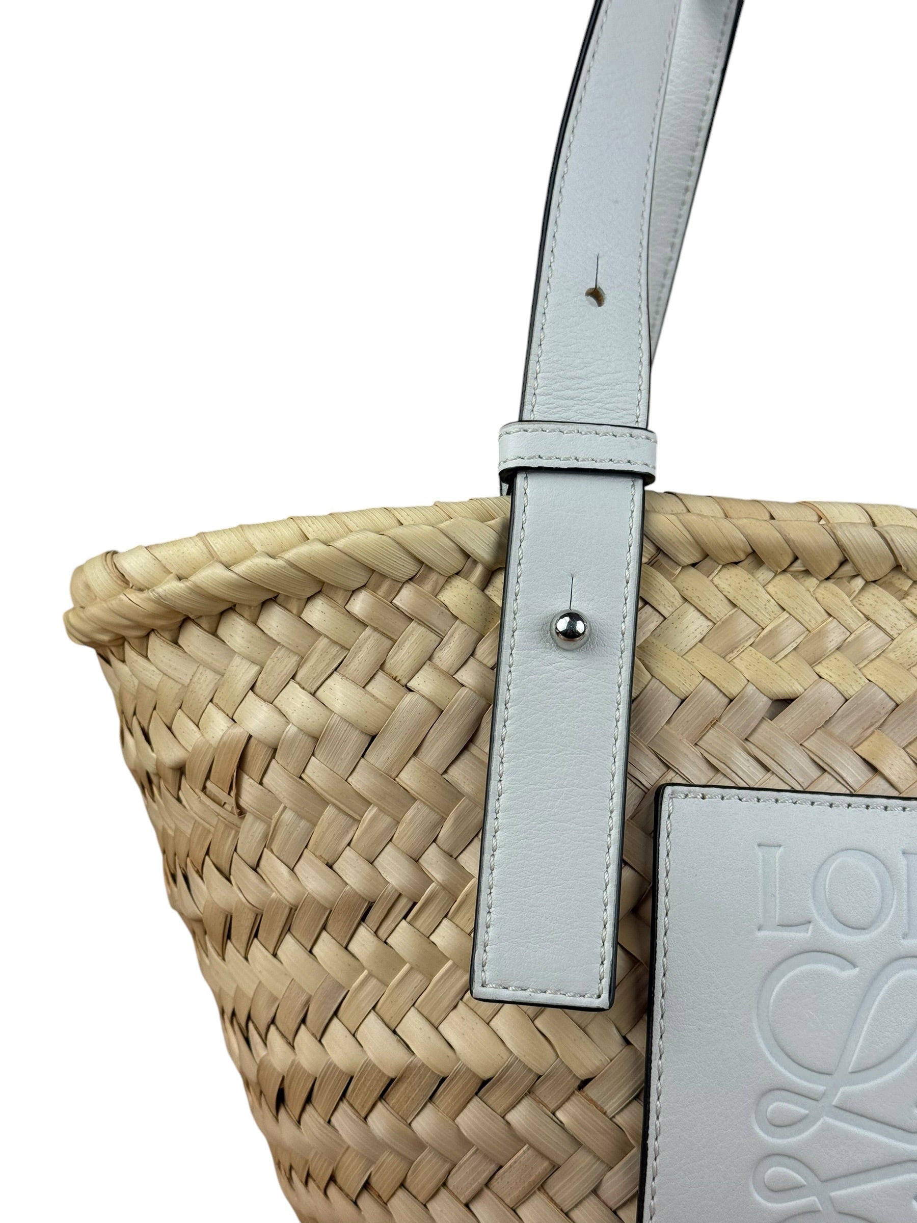 Loewe White Leather Raffia Basket Bag