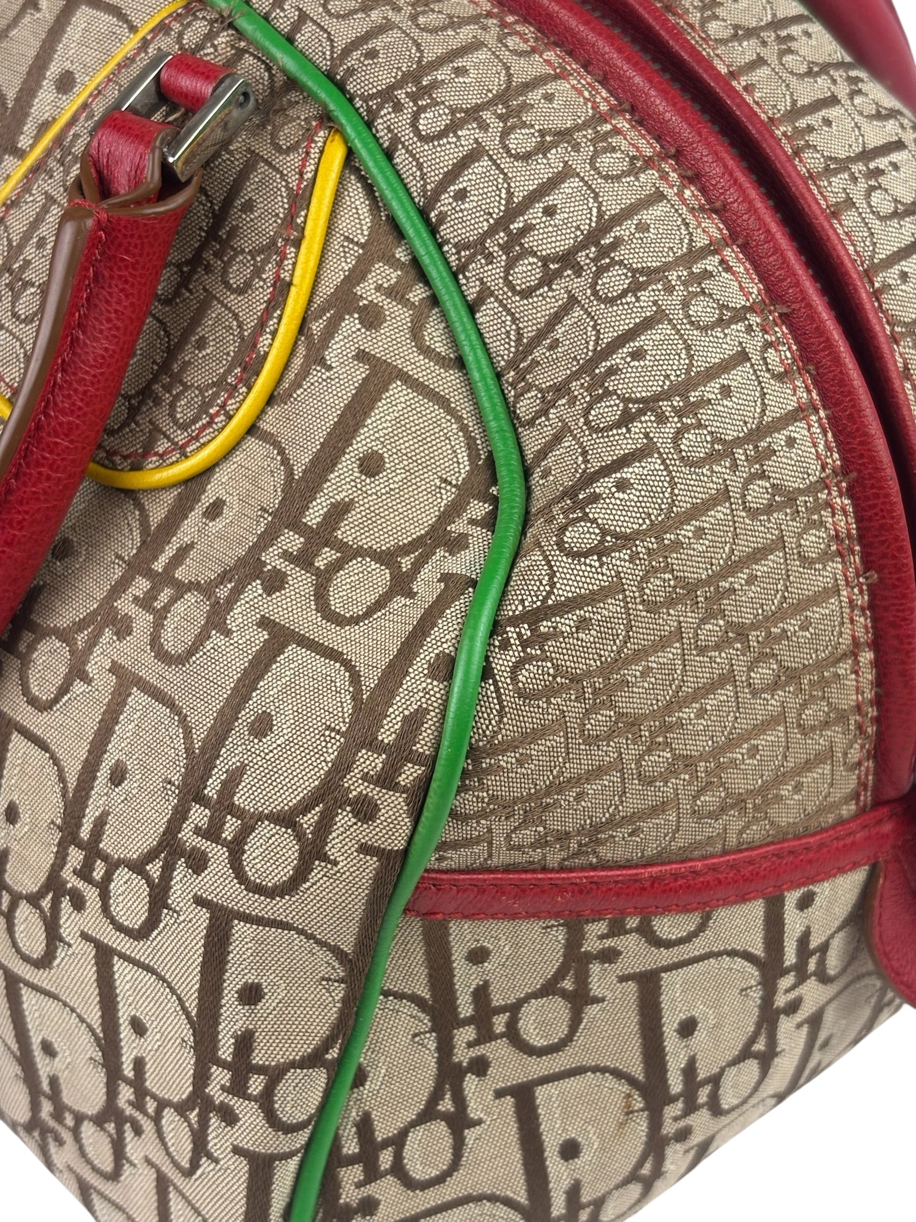 Christian Dior Vintage Beige/Brown Leather Trim Rasta Bowler Bag