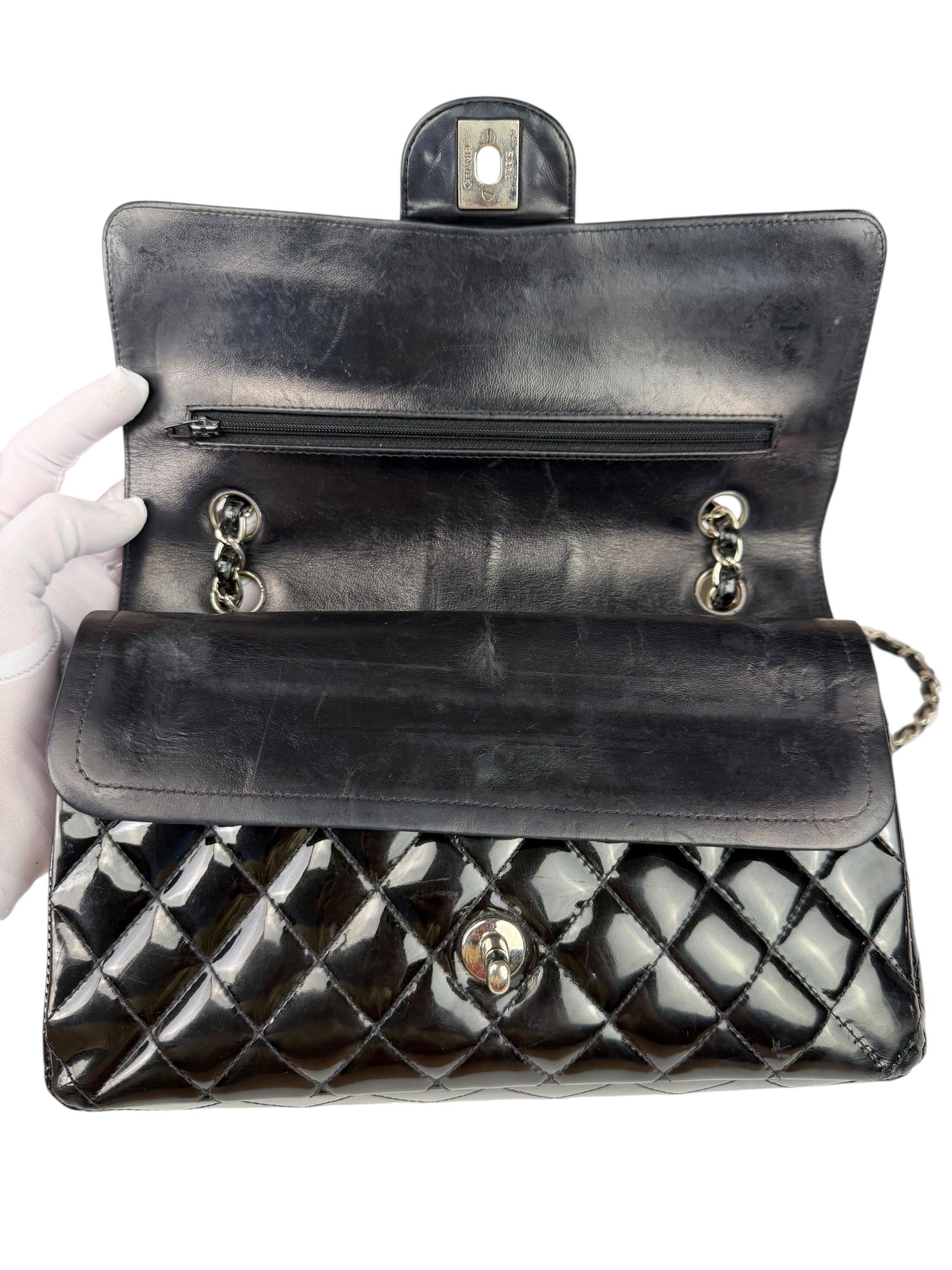 Chanel Black Patent Quilted Leather Double Flap Bag
