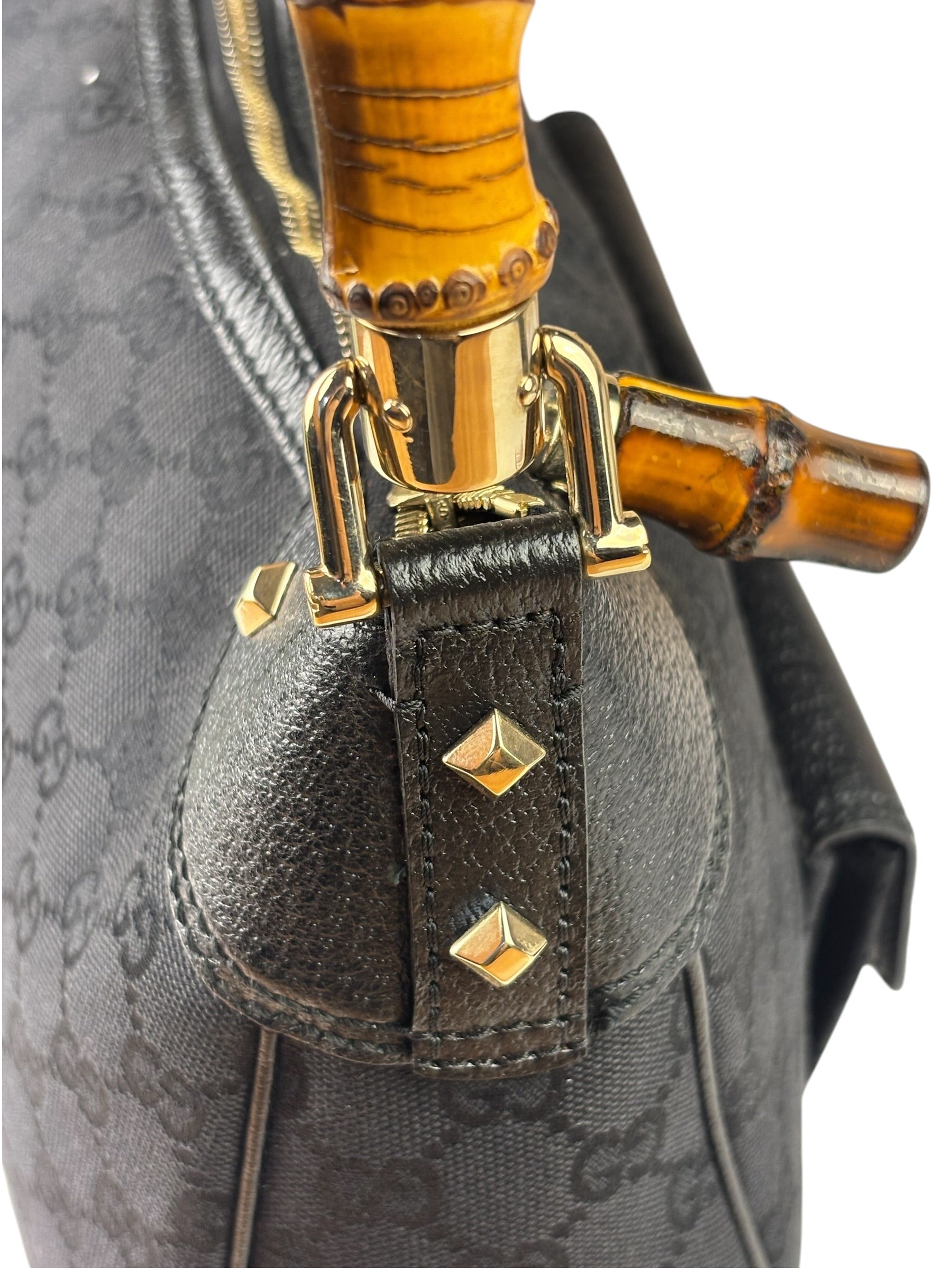 Gucci Black Leather Trim Bamboo Handle Hobo Bag