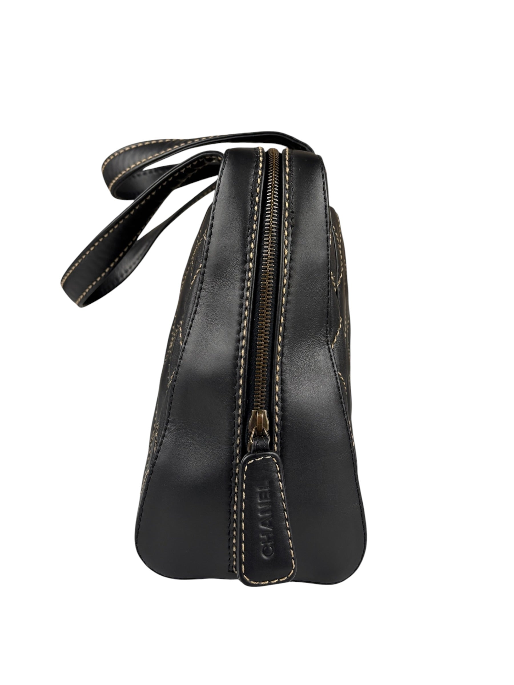 Chanel Vintage Black Leather Wild Stitch Bowler Handbag 2001