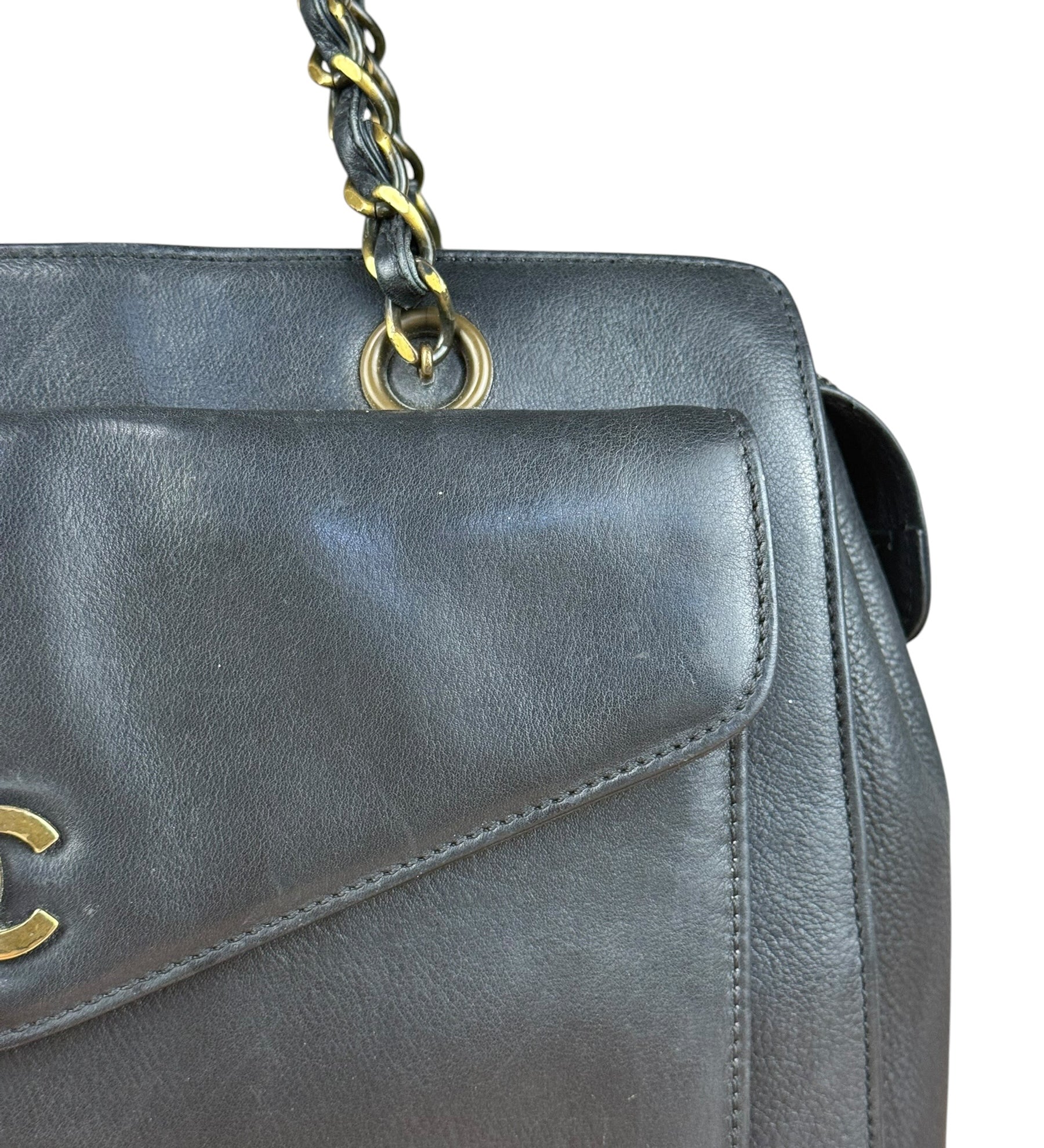 Chanel Black Leather Front Pocket Chain Tote 1998