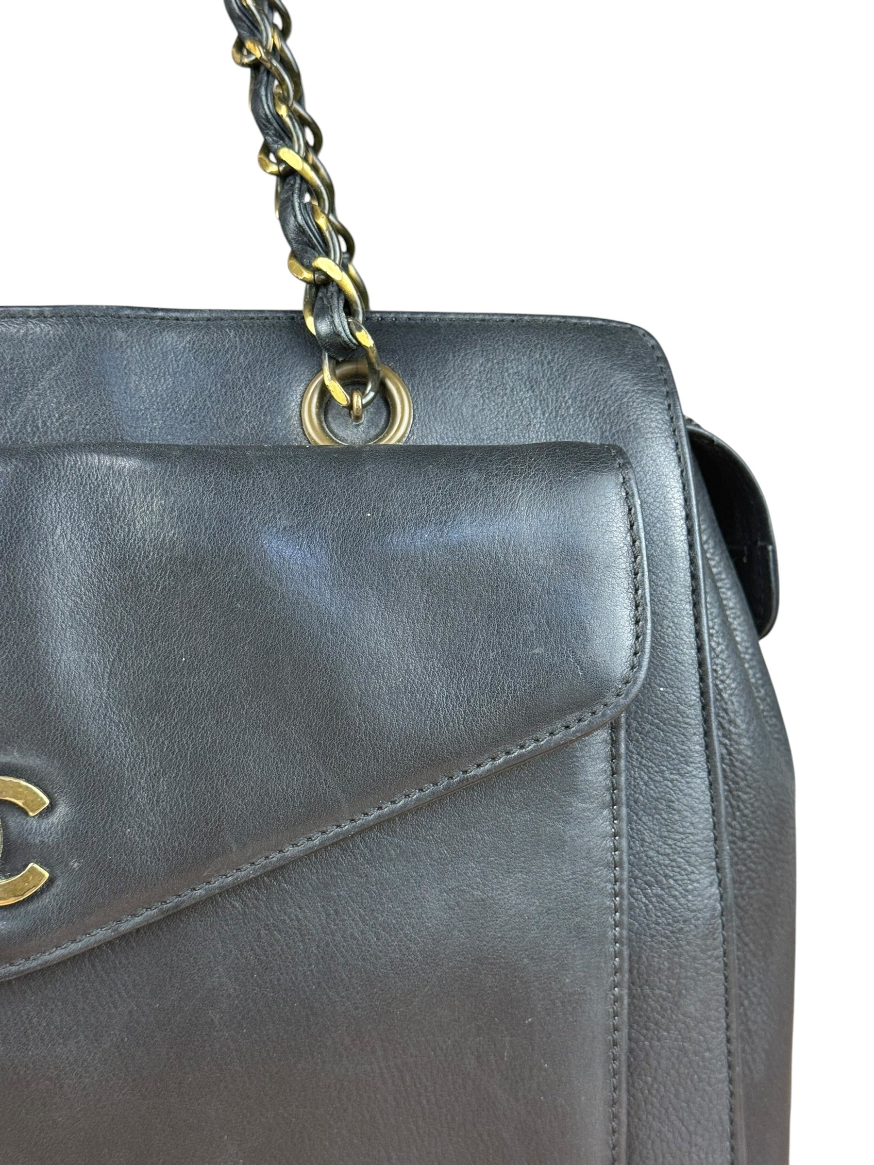 Chanel Black Leather Front Pocket Chain Tote 1998