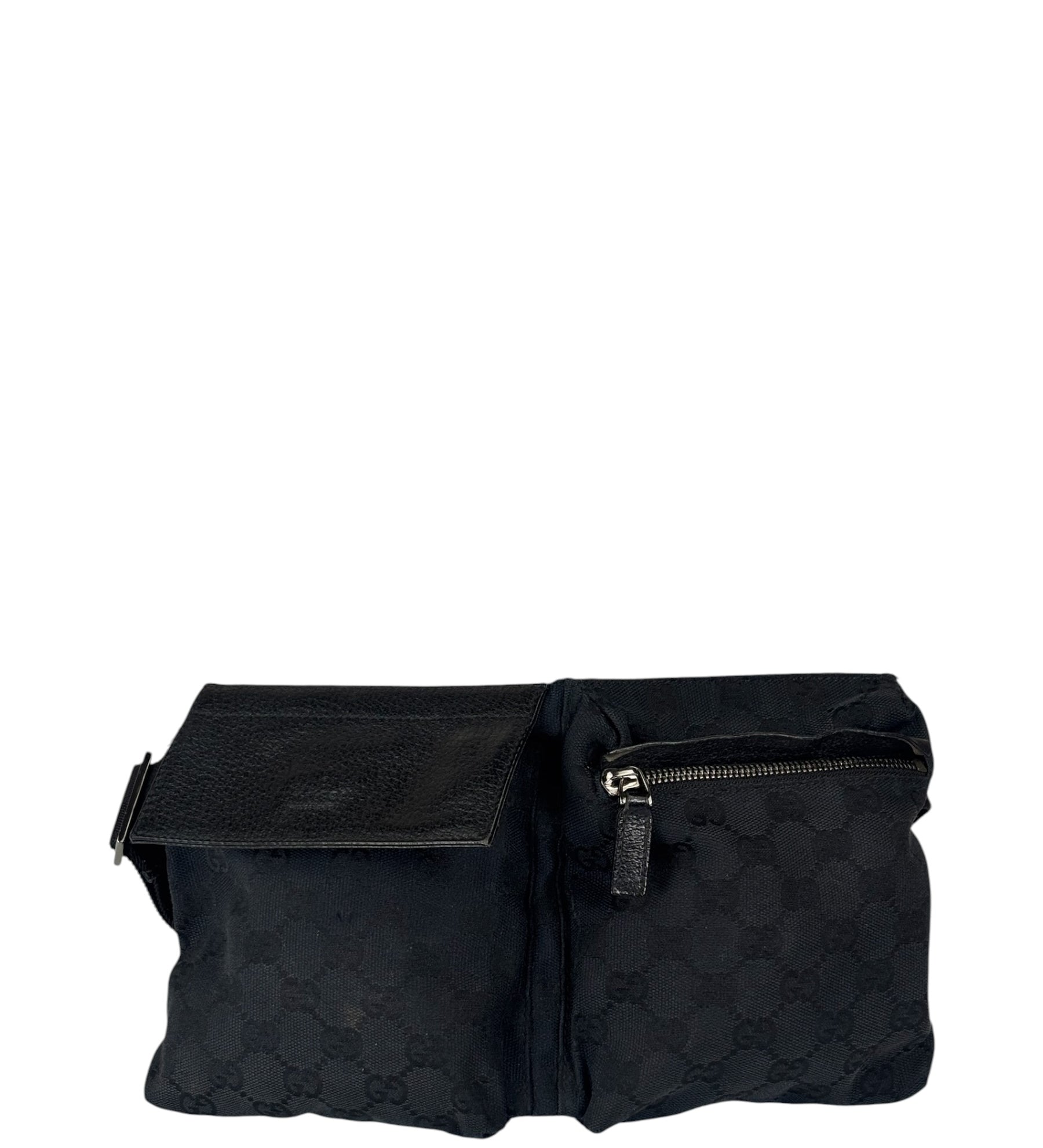 Gucci Black Leather Trim GG Double Pocket Bel Bag
