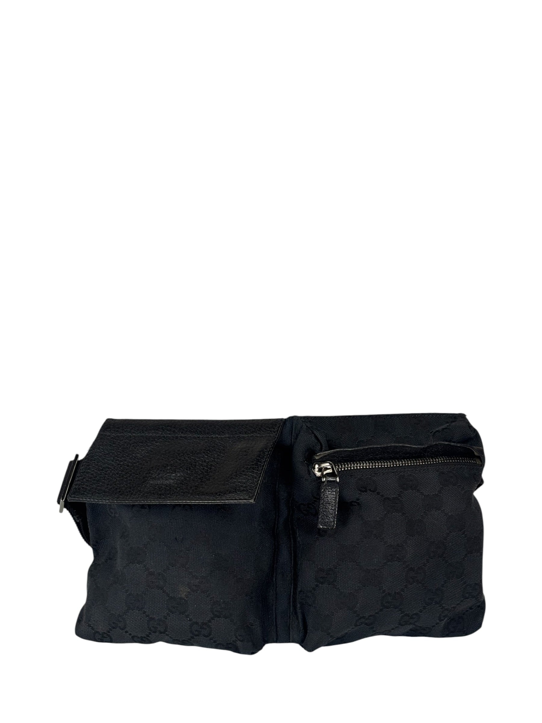 Gucci Black Leather Trim GG Double Pocket Bel Bag