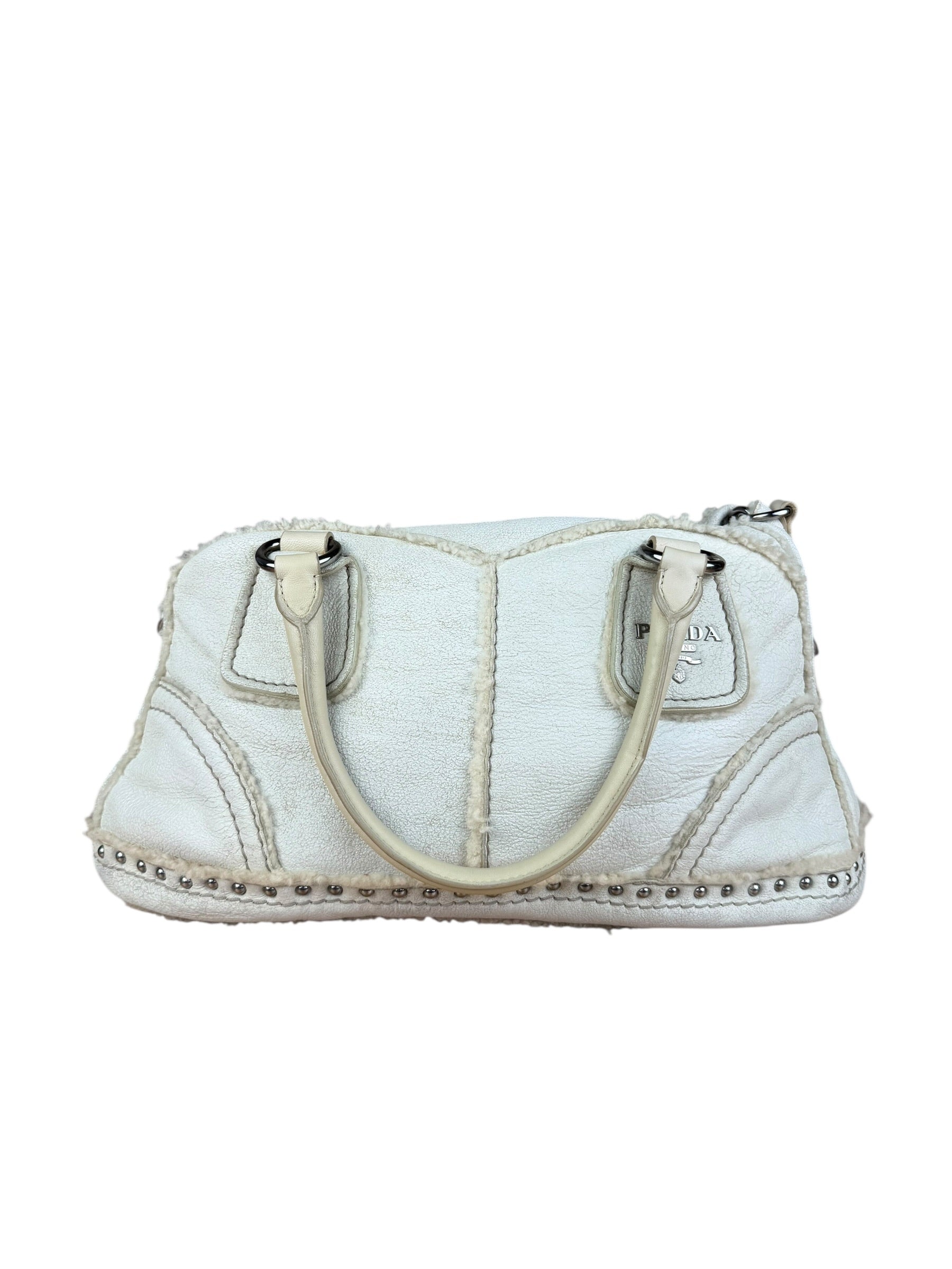 Prada Vintage White Studded Leather Shearling Bowler 2Way Bag
