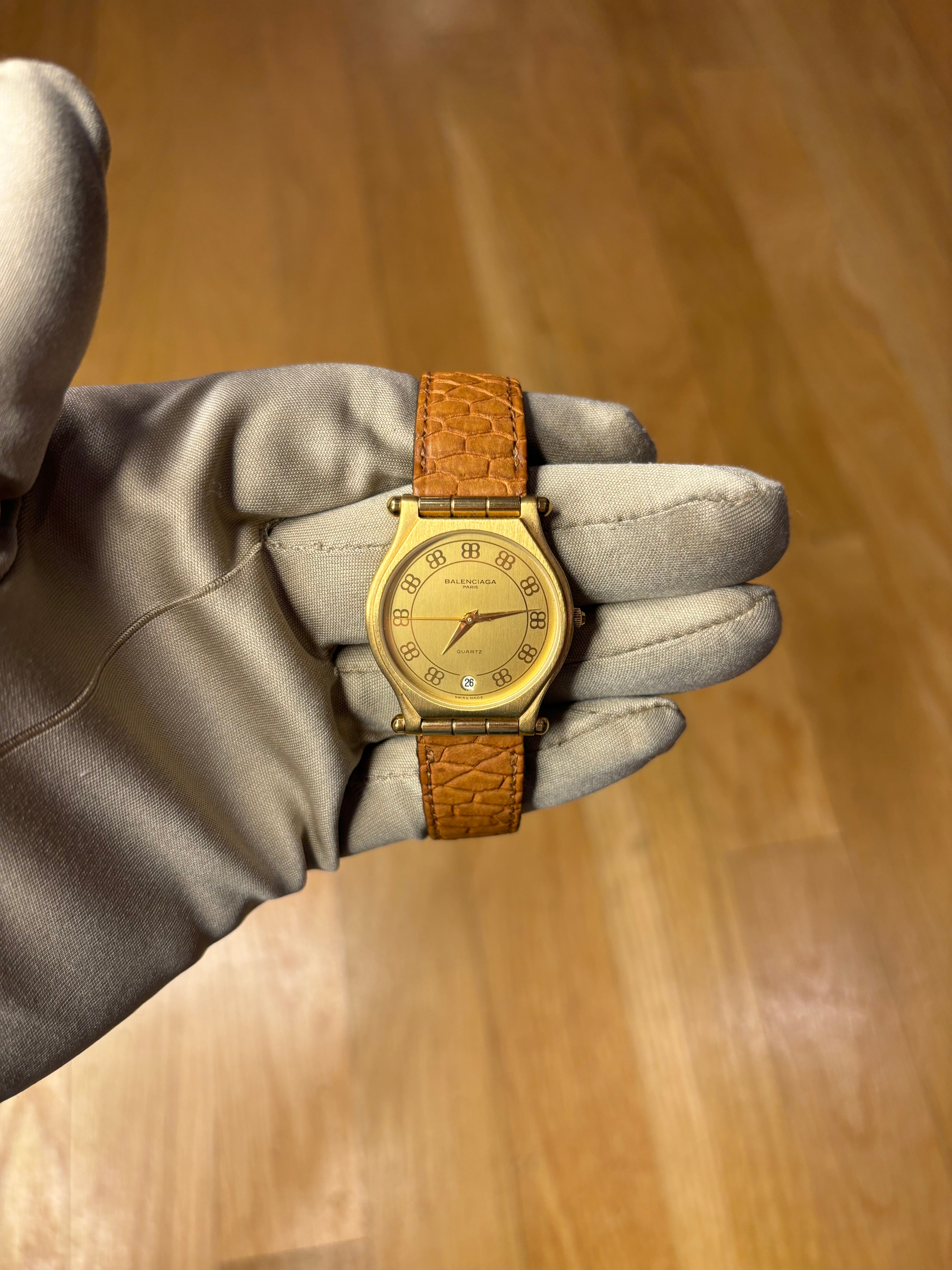 Balenciaga Gold Plated Champagne Dial Brown Leather Strap