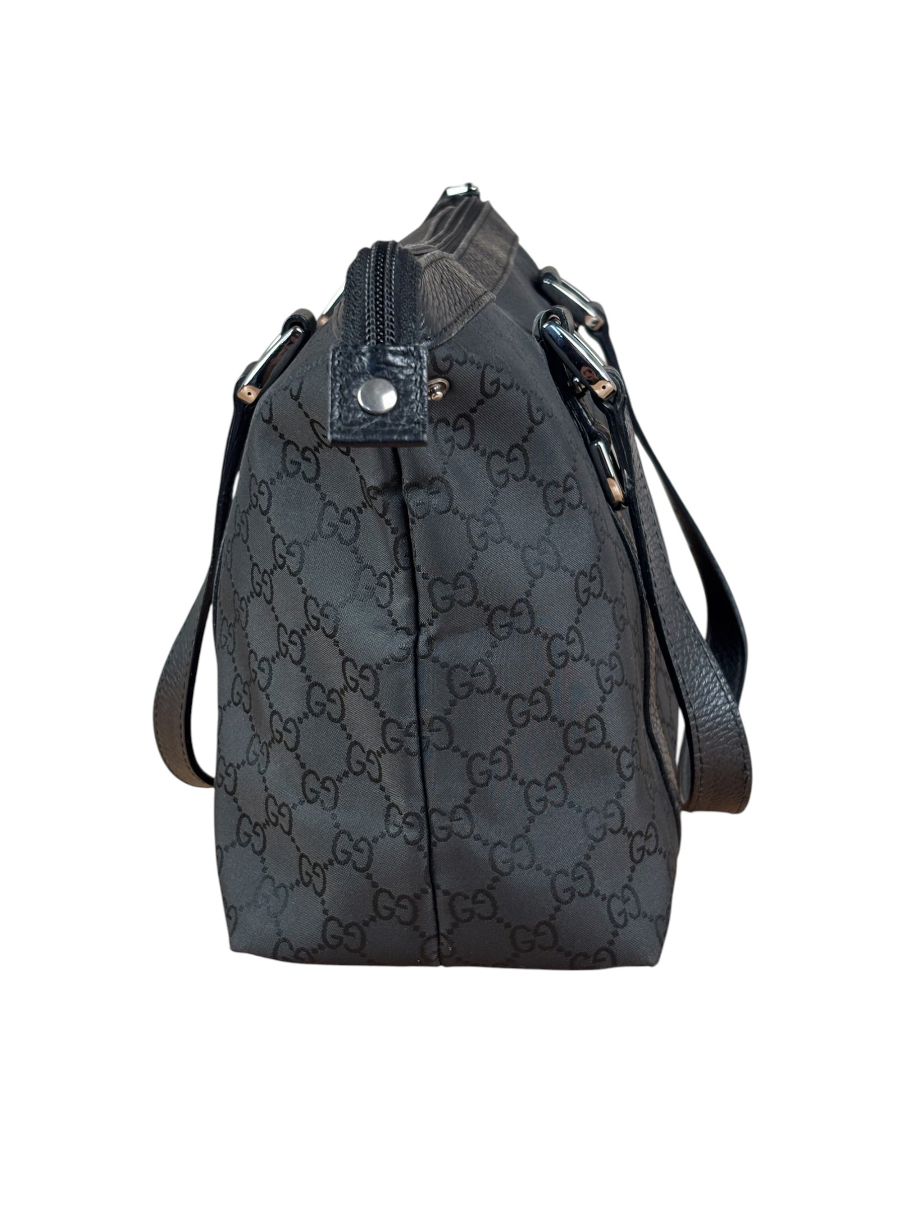 Gucci Black Leather Trim GG Canvas Abbey Zip Tote Bag