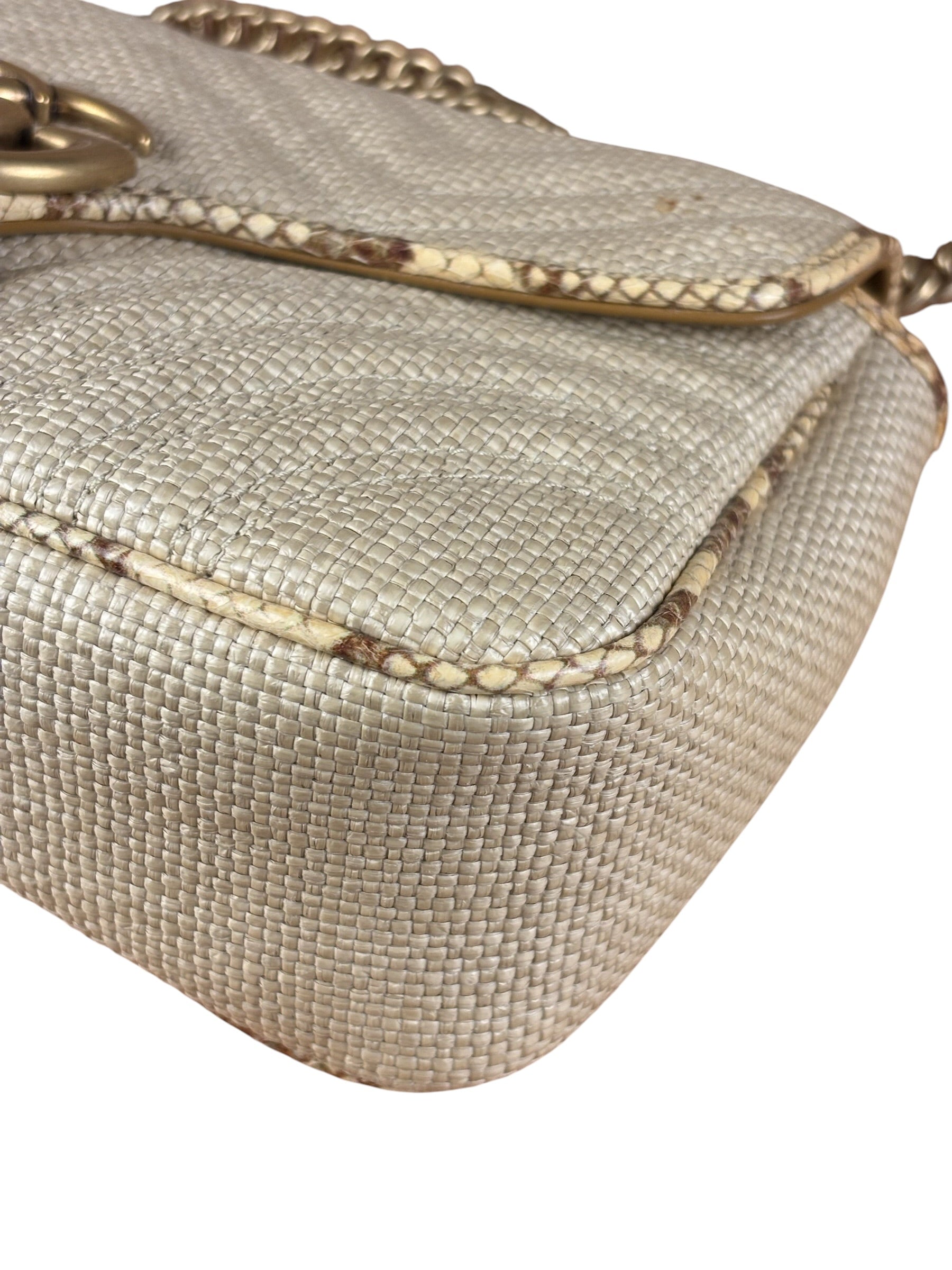 Gucci GG Beige Raffia Marmont Snakeskin Trim Flap Bag