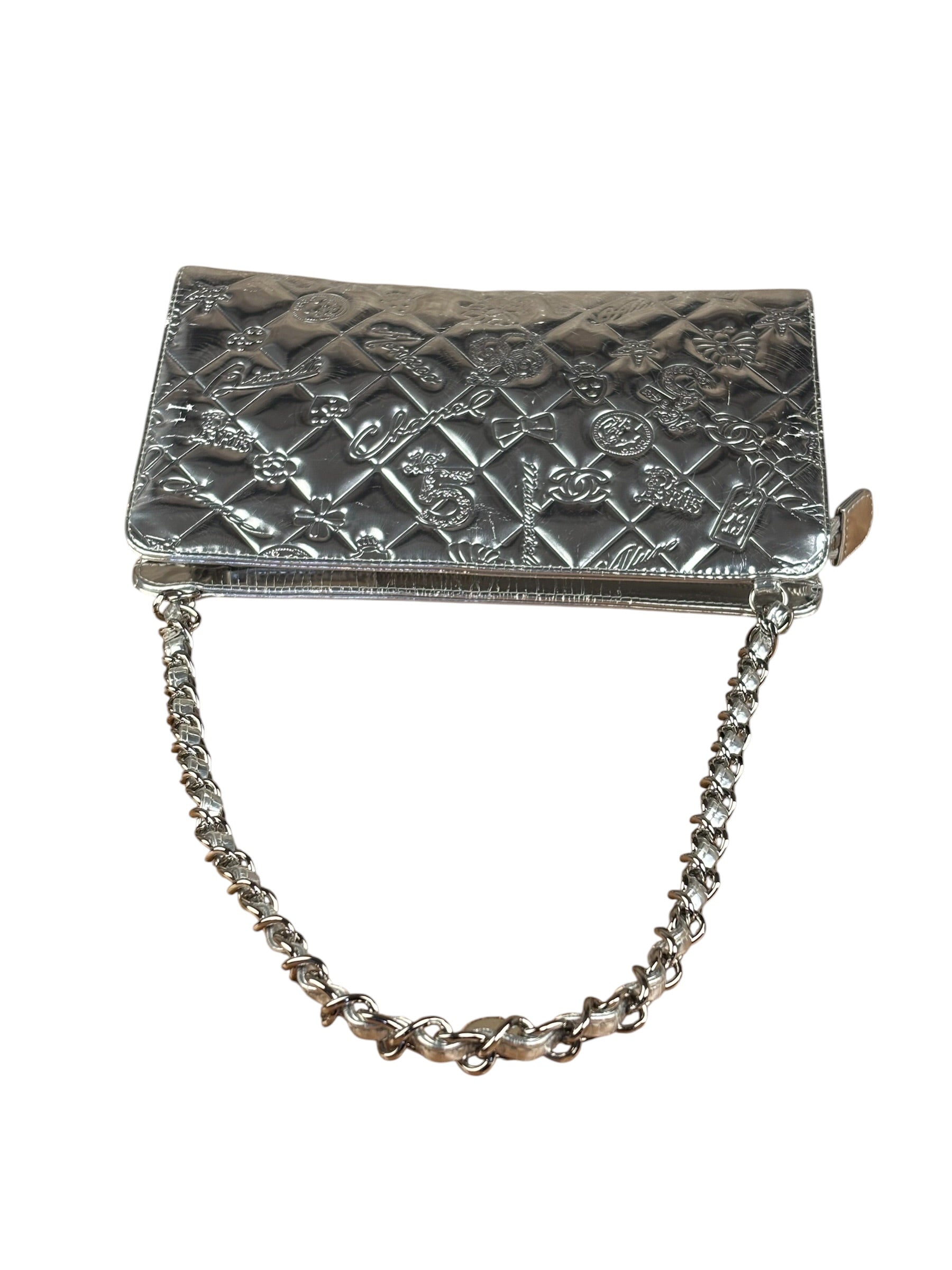 Chanel Metallic Silver Patent Leather Lucky Symbols Embossed Pochette 2007