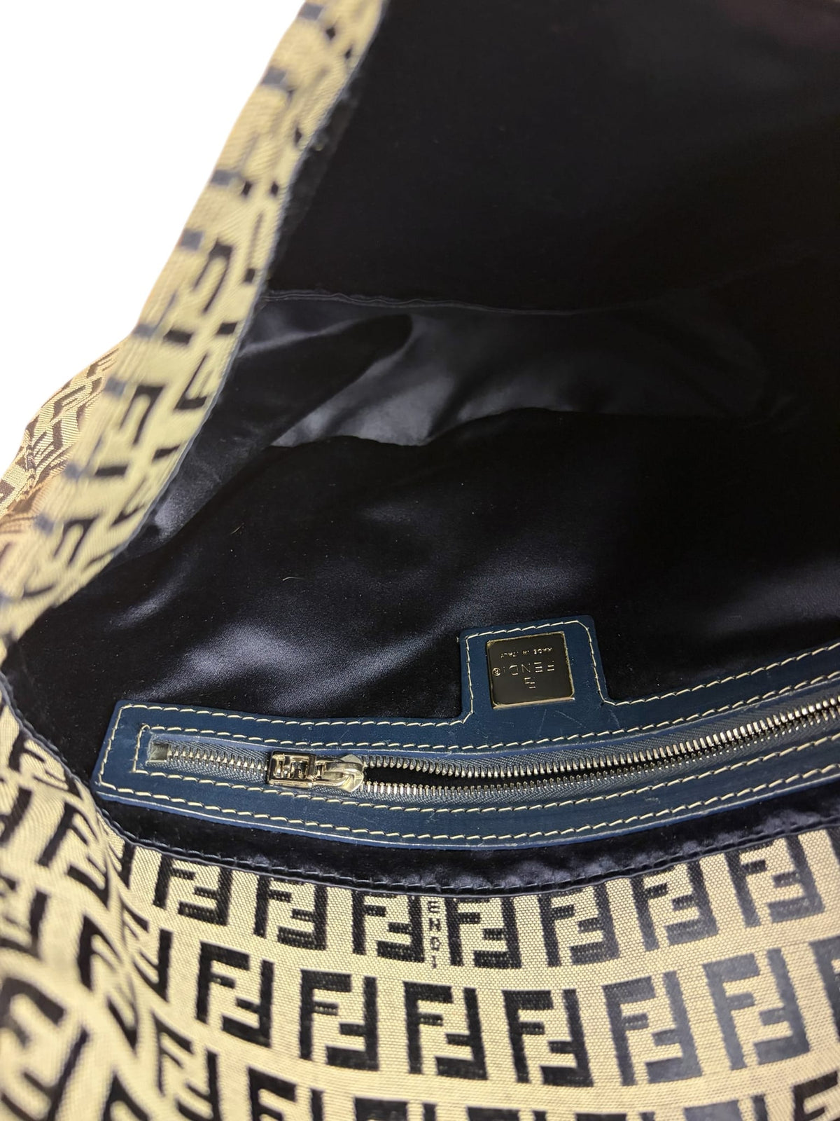 Fendi Navy/Grey Leather Trim Zucca Mamma Baguette