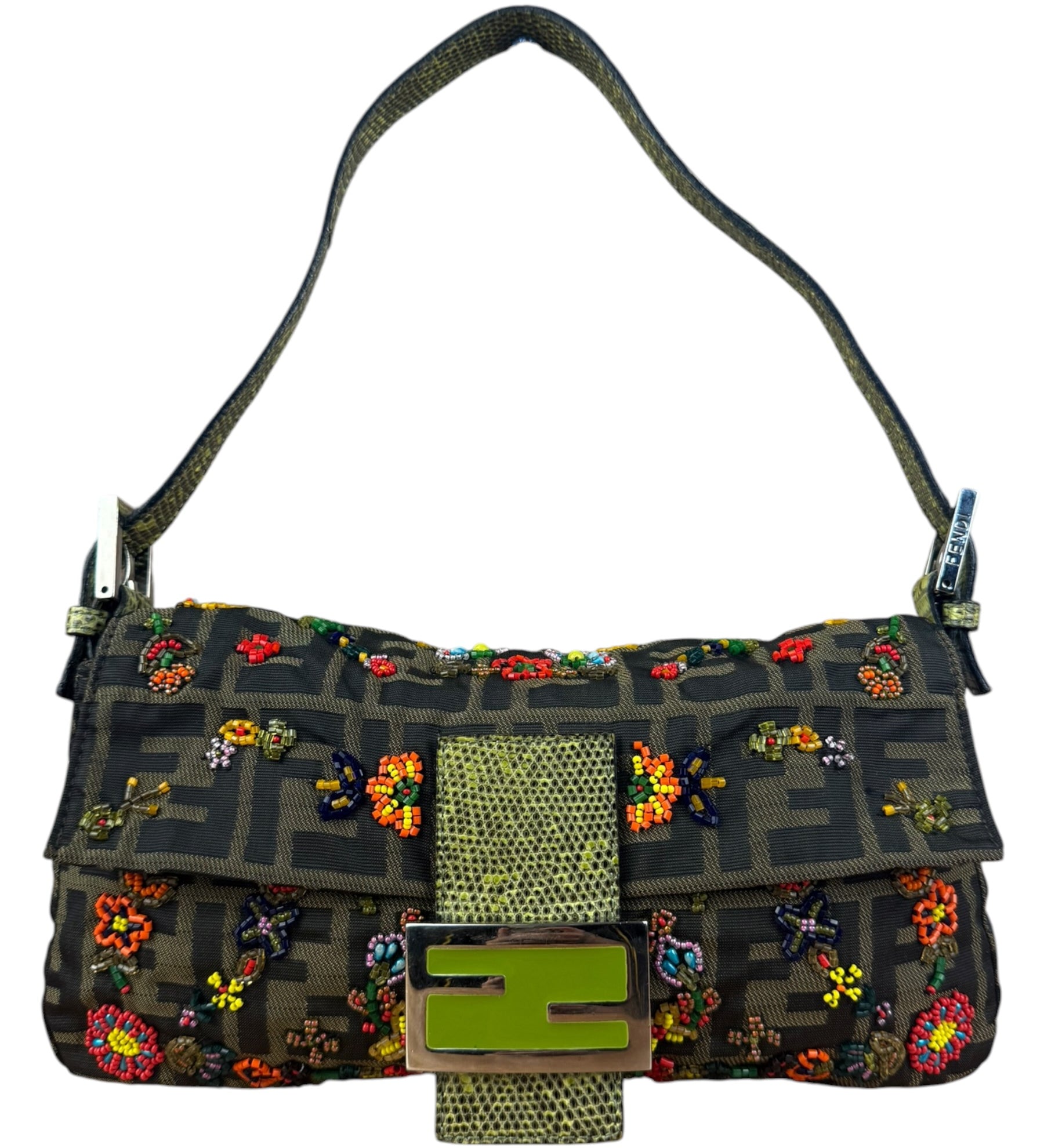 Fendi Vintage Zucca Beaded Lizard Trimmed Baguette