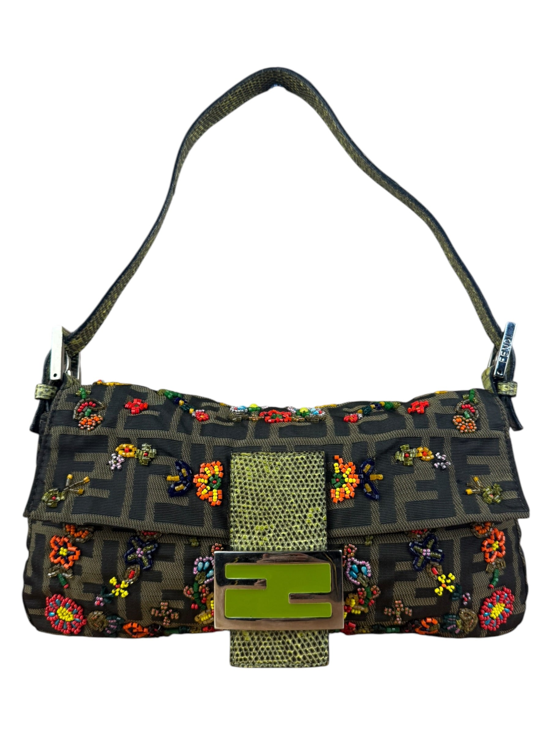 Fendi Vintage Zucca Beaded Lizard Trimmed Baguette