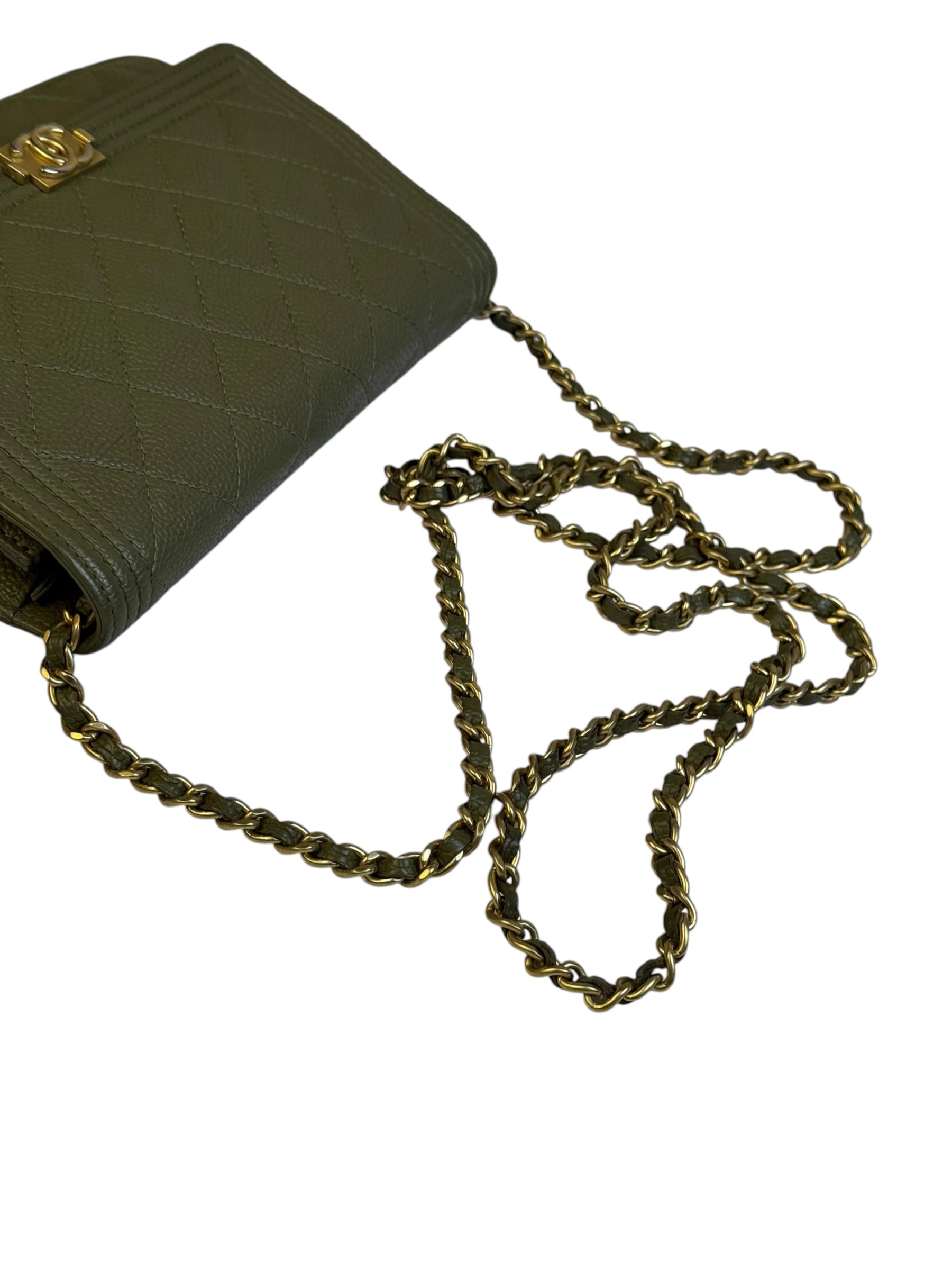 Chanel Olive Green Quilted Caviar Boy Flap Wallet On Chain 2017