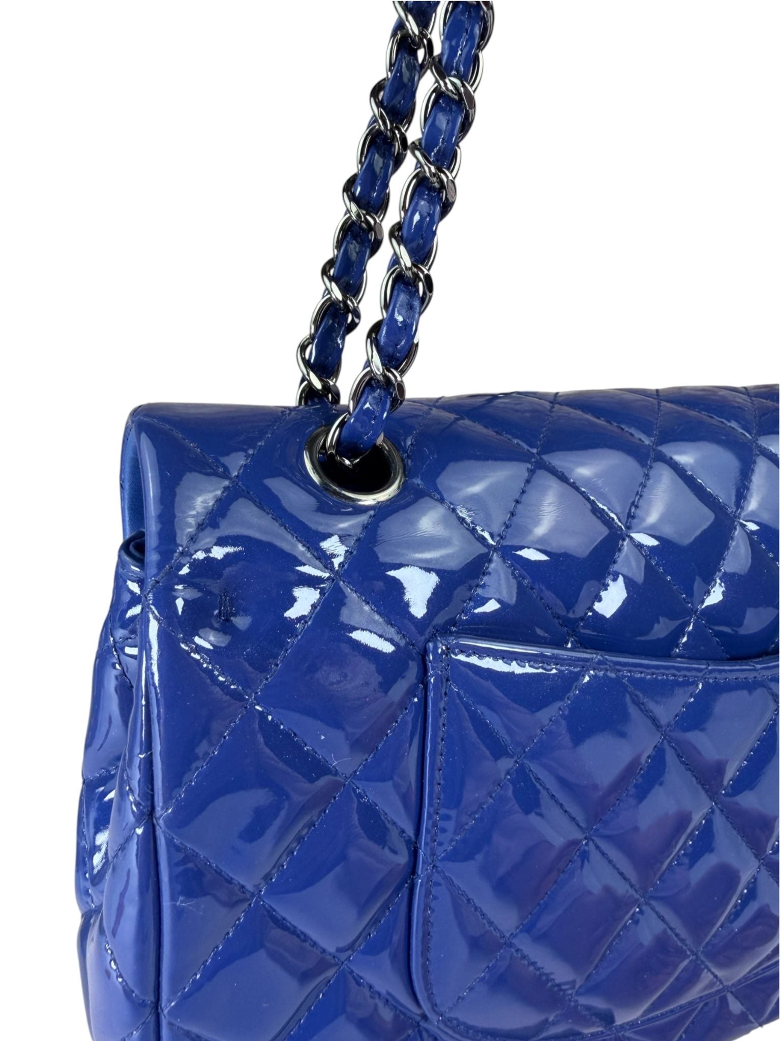 Chanel Shiny Blue Quilted Patent Leather Trim Double Flap Bag 2012