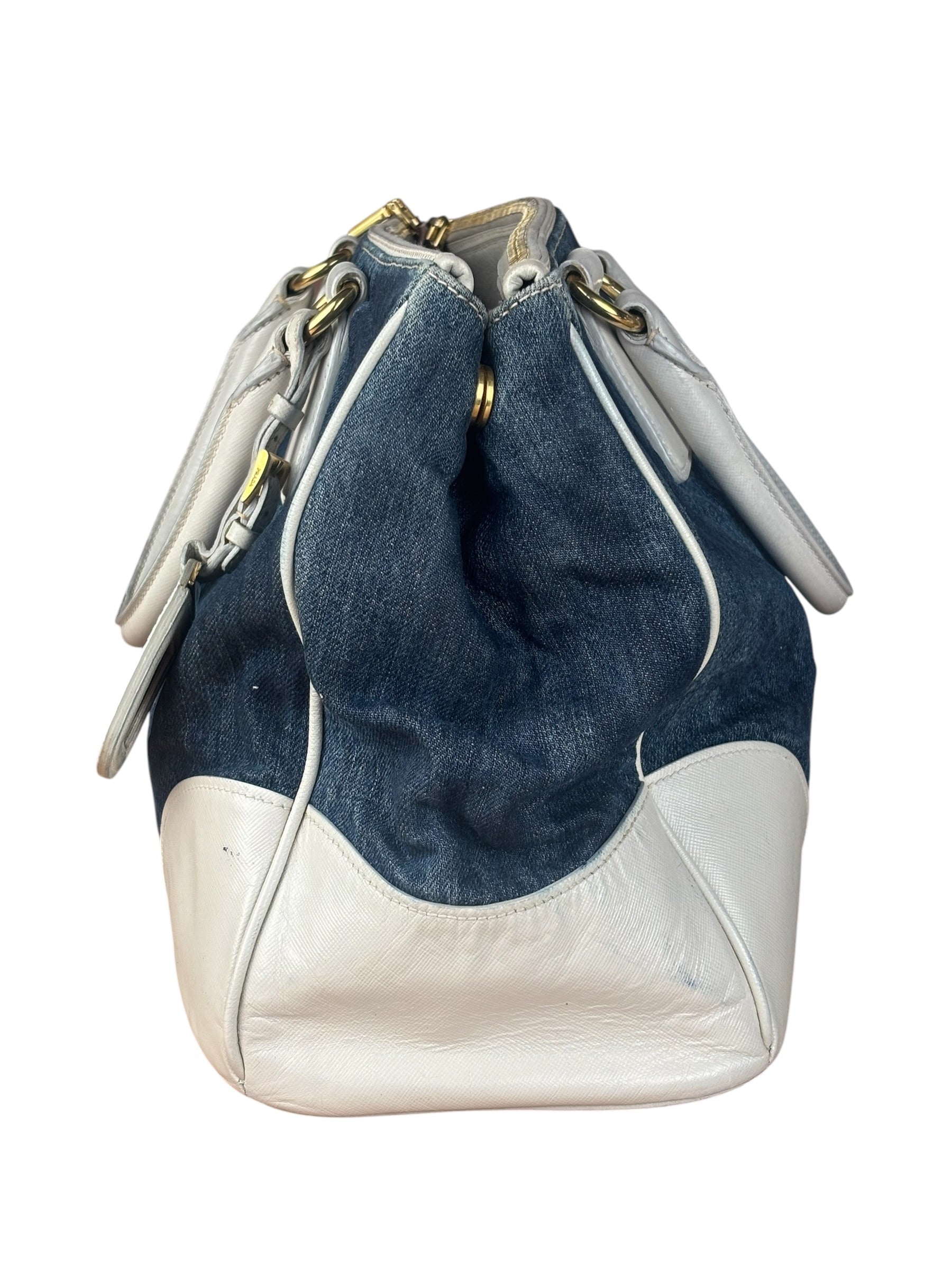 Prada Denim White Leather Trim Saffiano Handbag
