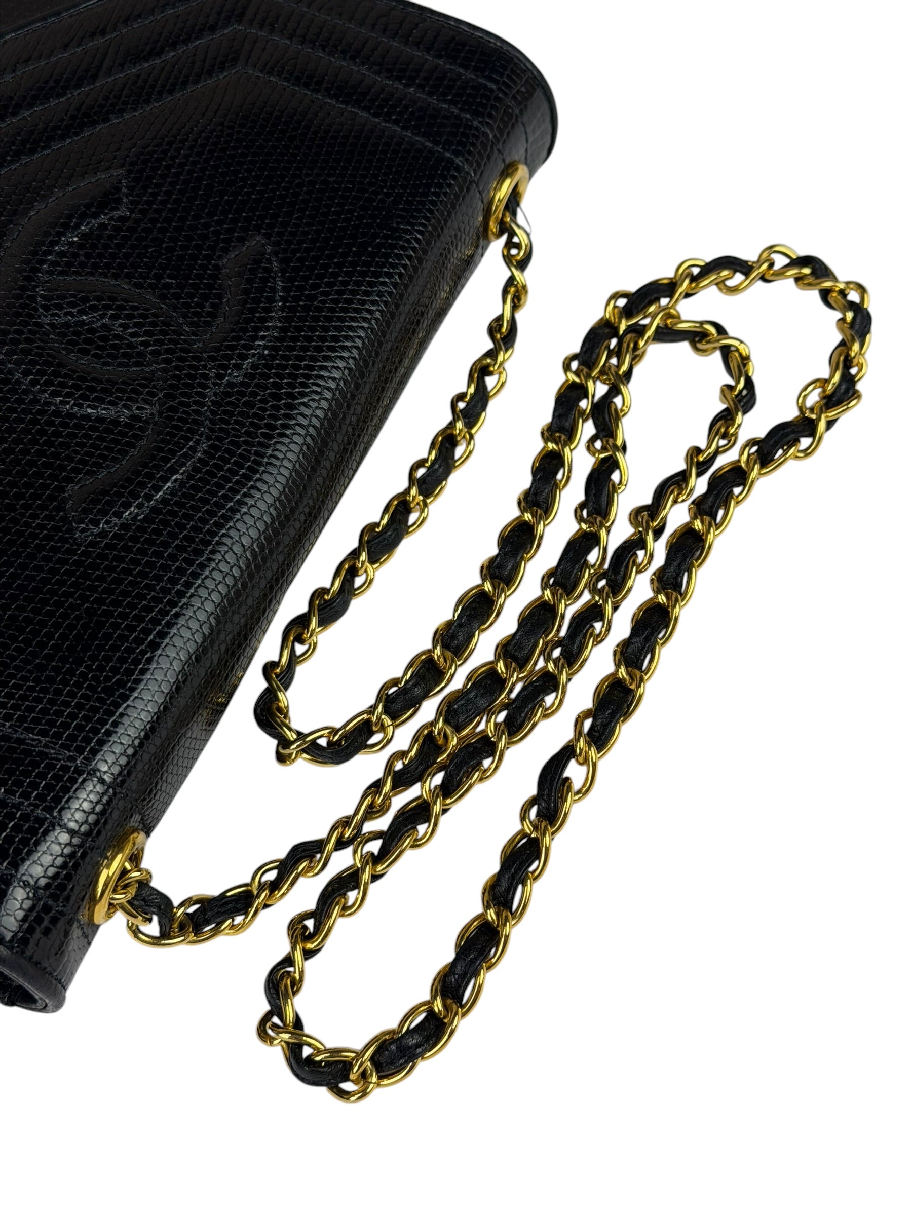 Chanel Black Lizard Leather Envelope Flap Bag 1986