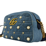 Gucci Blue Denim GG Marmont Pearl Camera Bag