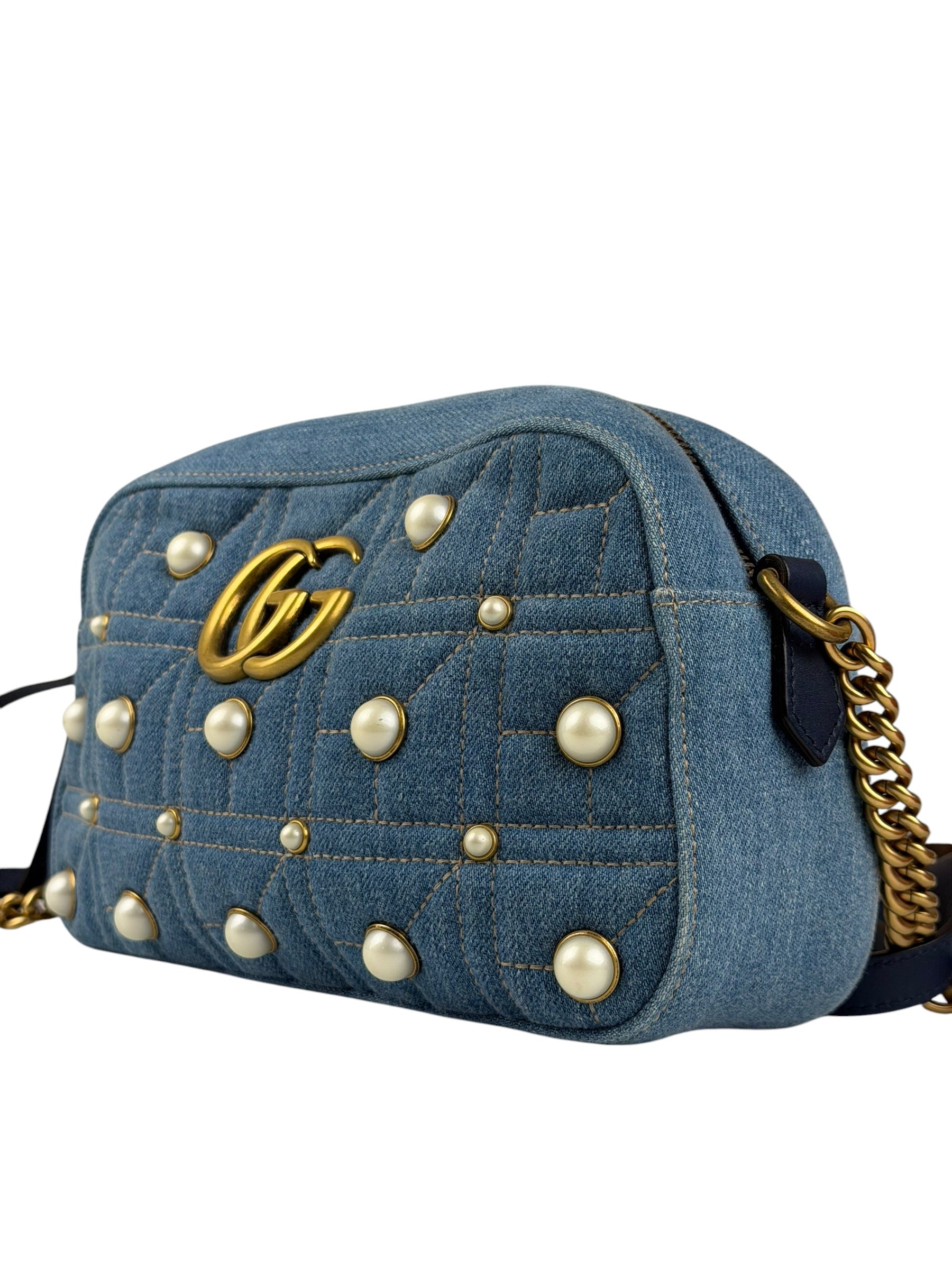 Gucci Blue Denim GG Marmont Pearl Camera Bag