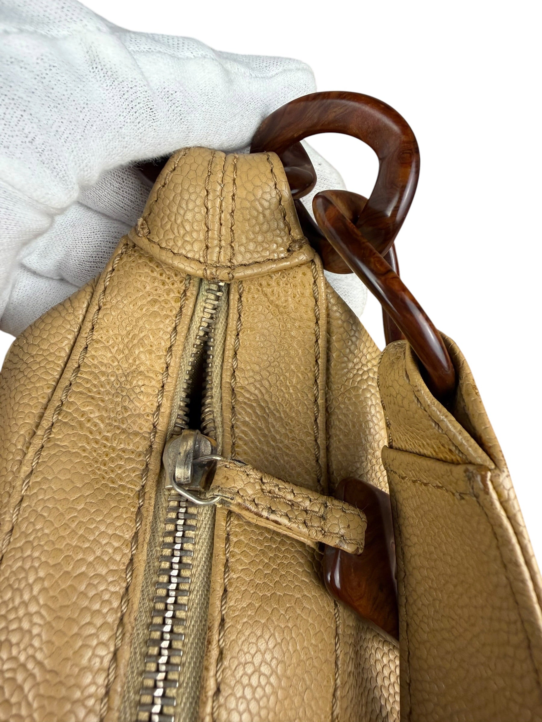 Chanel CC Vintage Beige Leather Caviar Wood Chain Hobo Bag