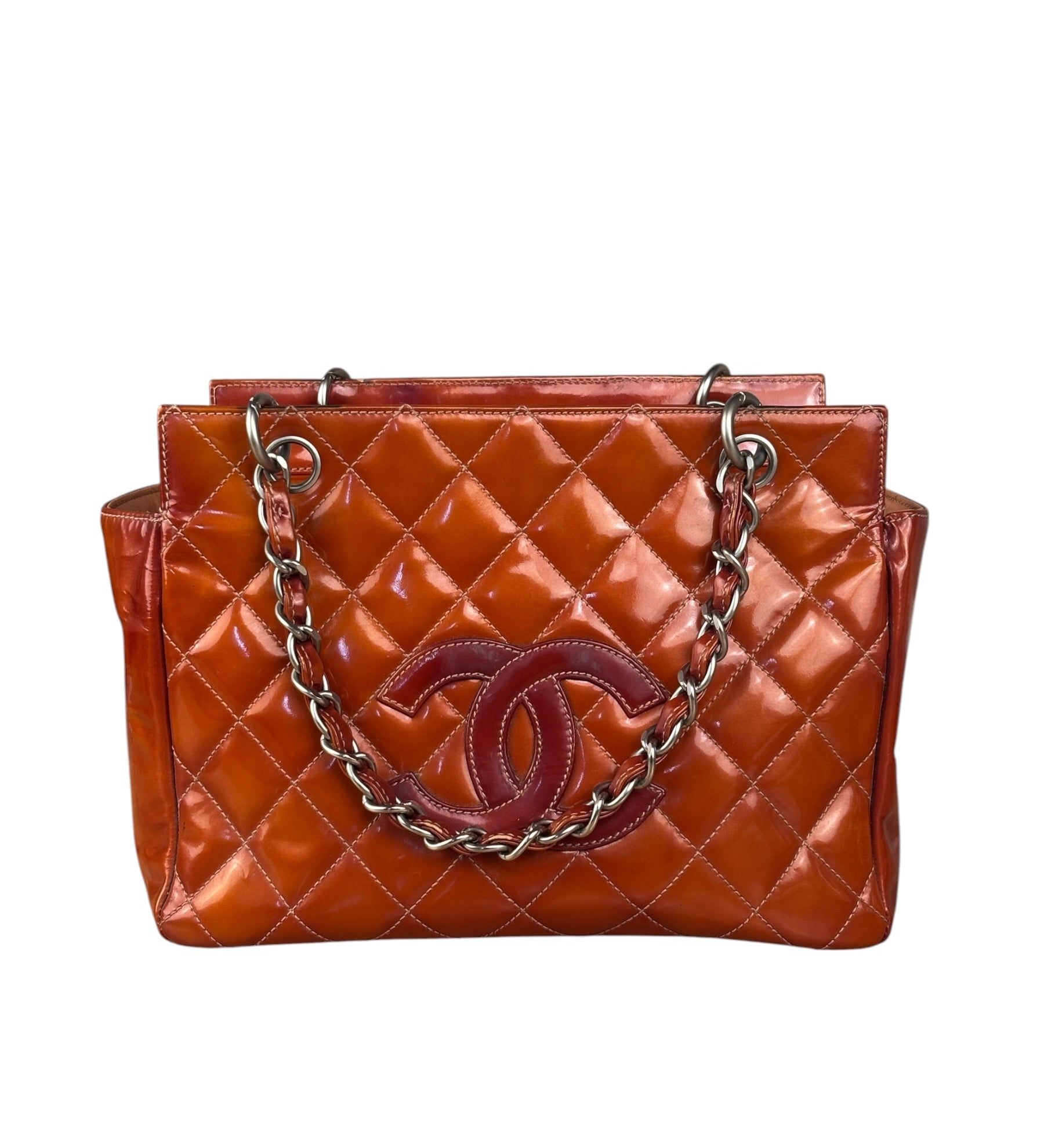 Chanel Vintage Orange Patent Leather Petit Timeless Shopping Tote Bag 2001