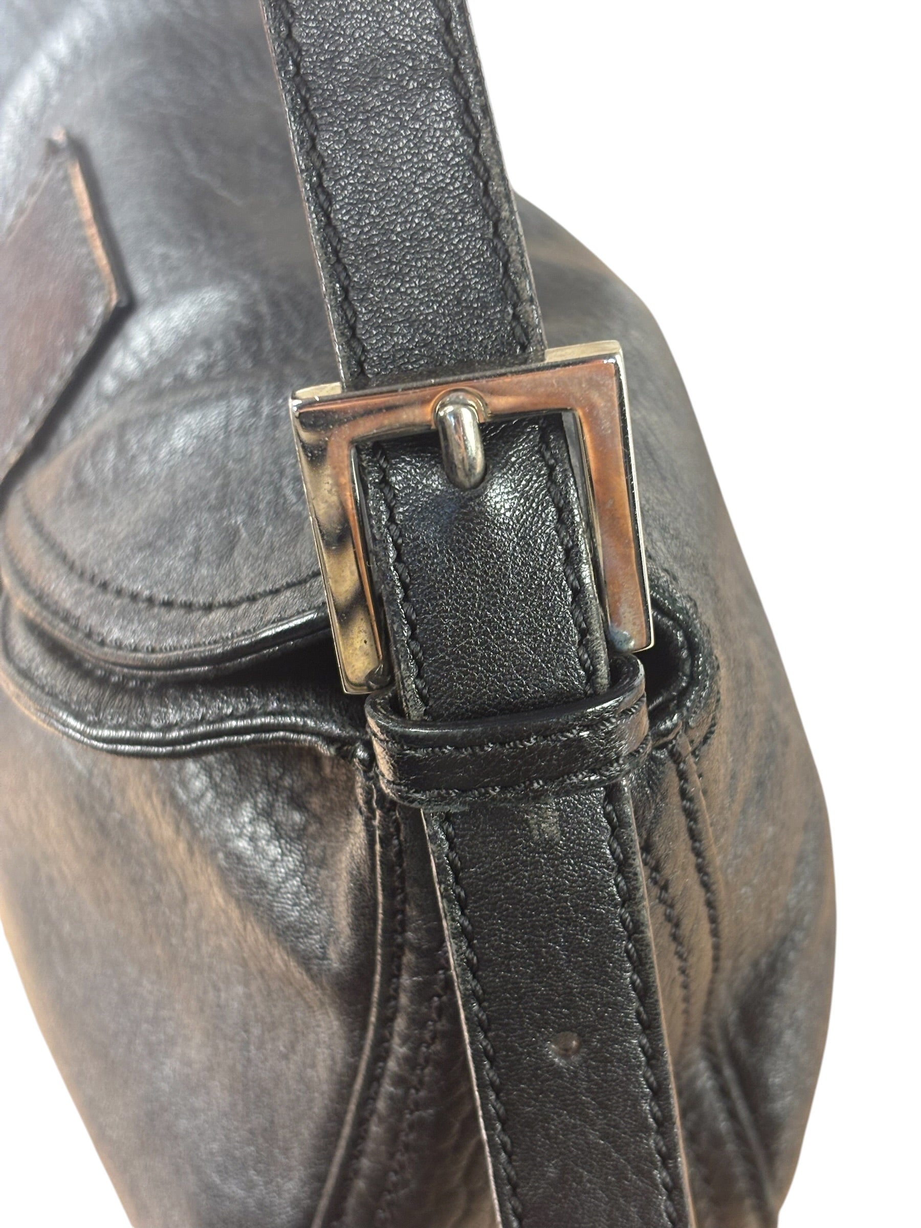 Fendi Vintage Black Leather Double Flap Baguette