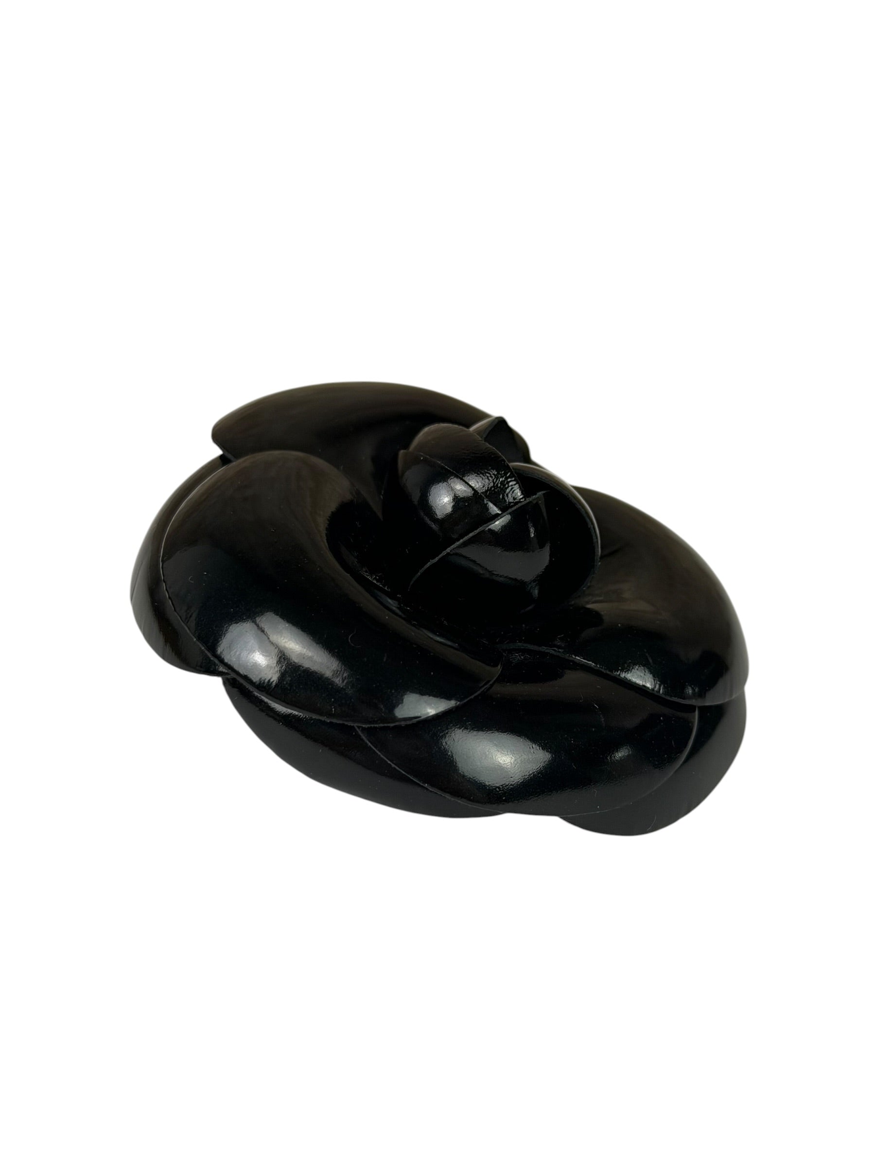Chanel Vintage Black Leather Camellia Flower Brooch