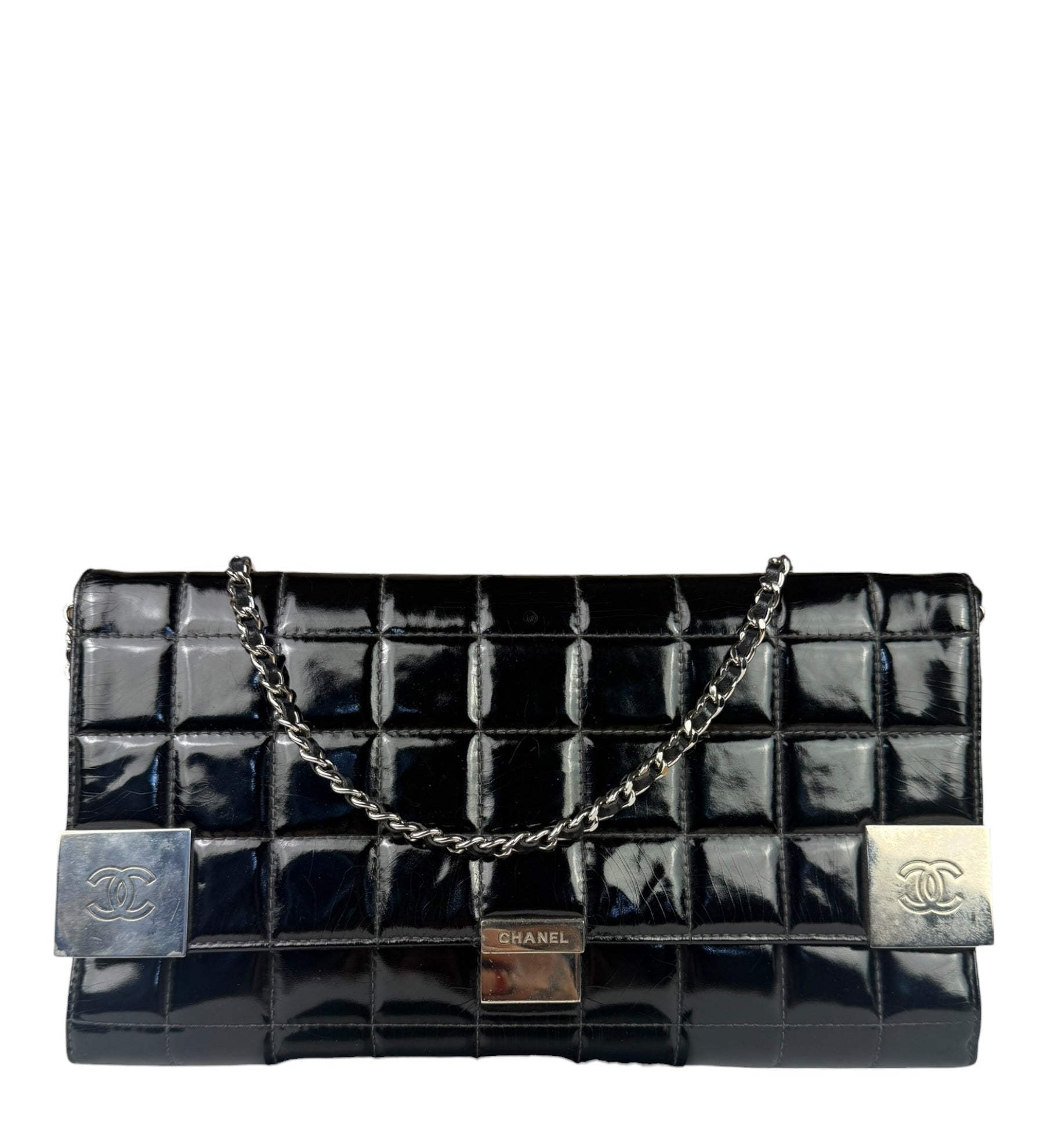 Chanel Black Patent Chocolate Bar Quilted Flap Shoulder Bag 2001