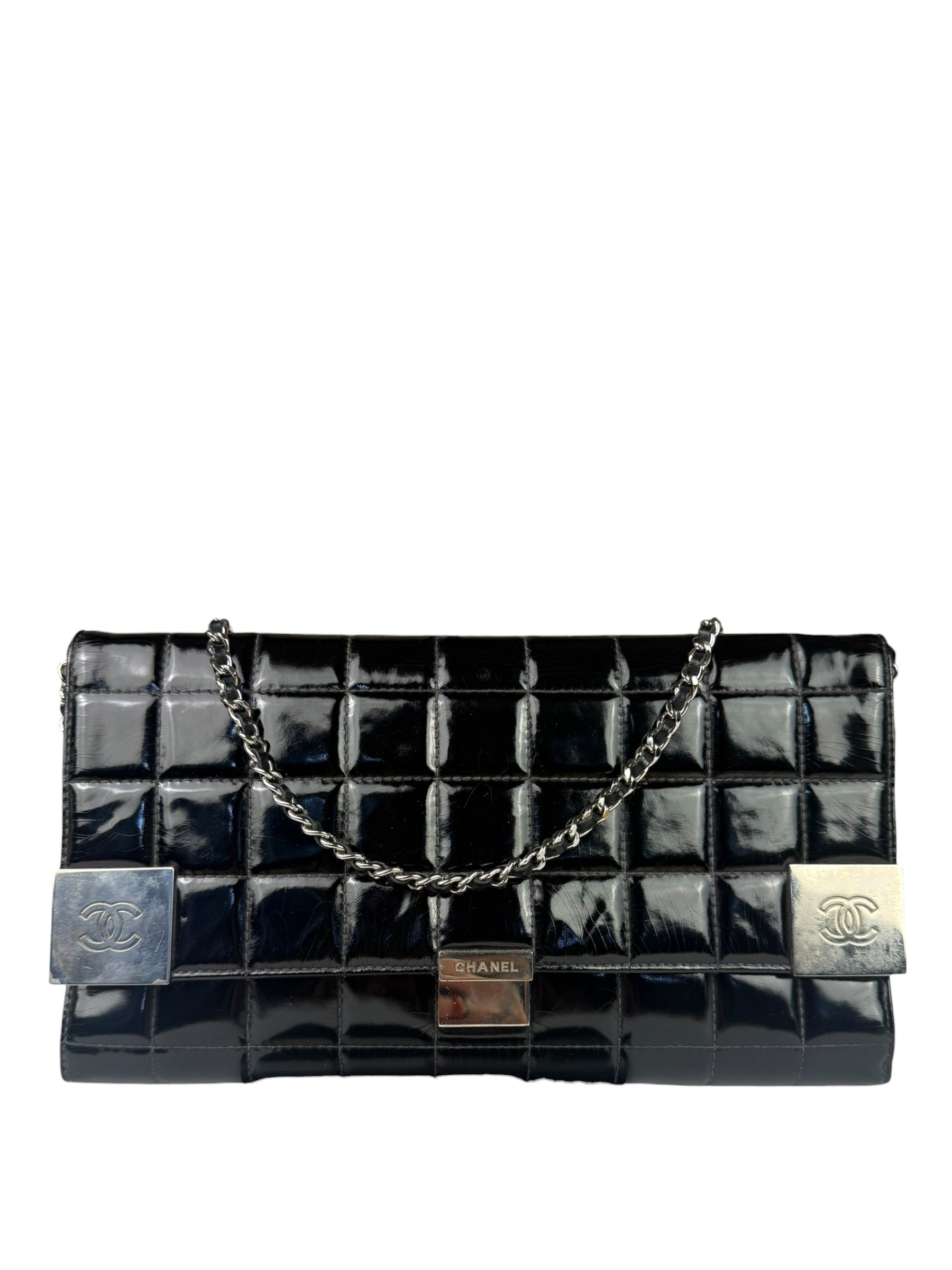Chanel Black Patent Chocolate Bar Quilted Flap Shoulder Bag 2001