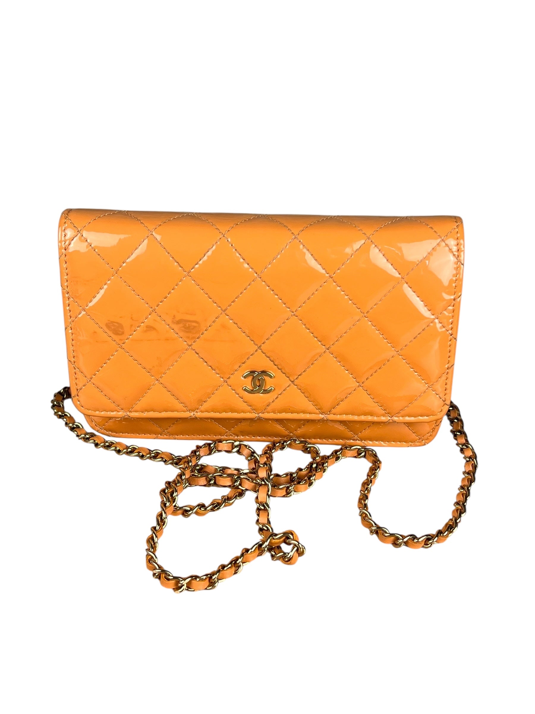Chanel Orange Patent Leather Flap Wallet on Chain Bag