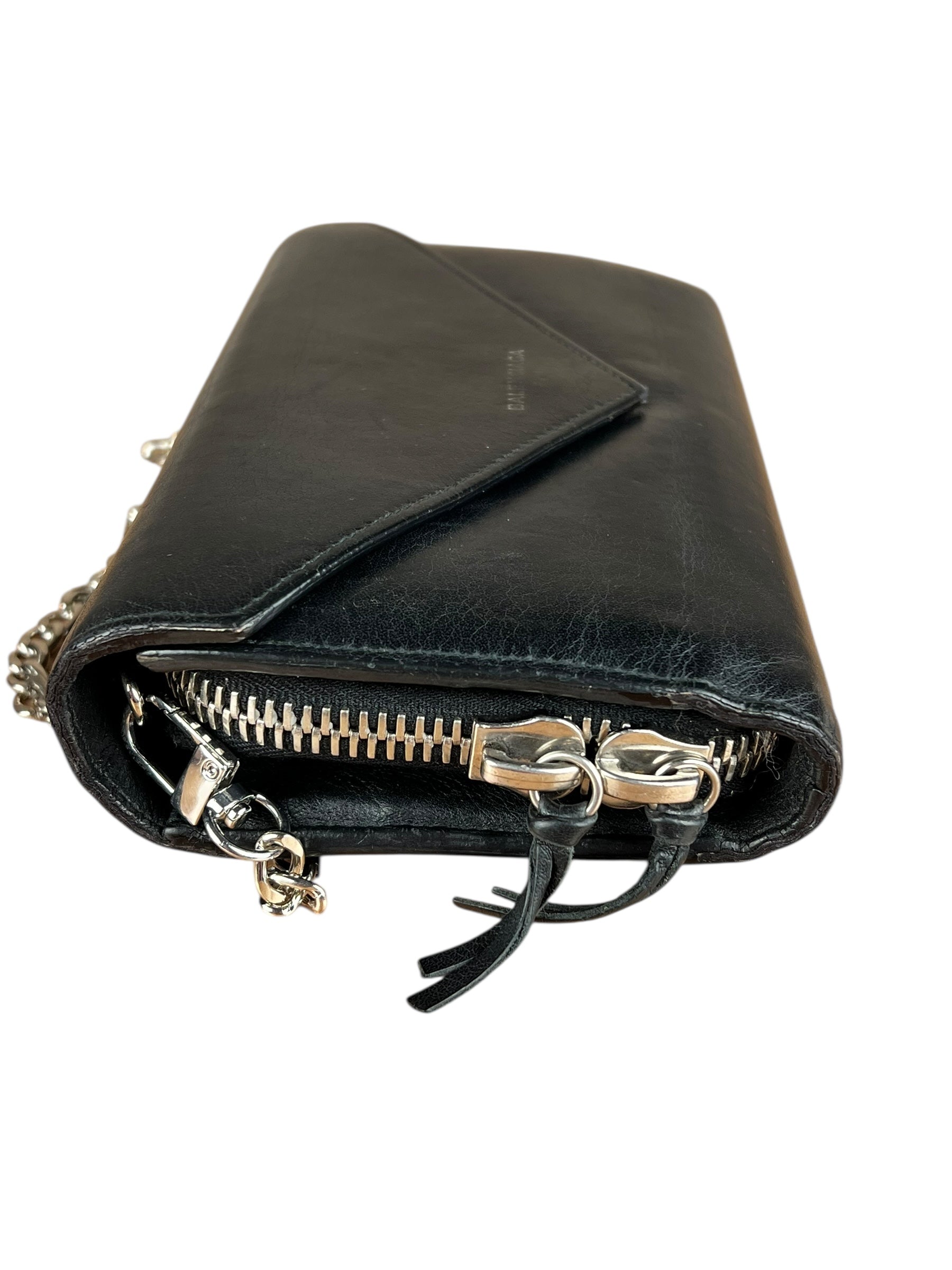 Balenciaga Black Leather Flap Wallet on Chain Bag
