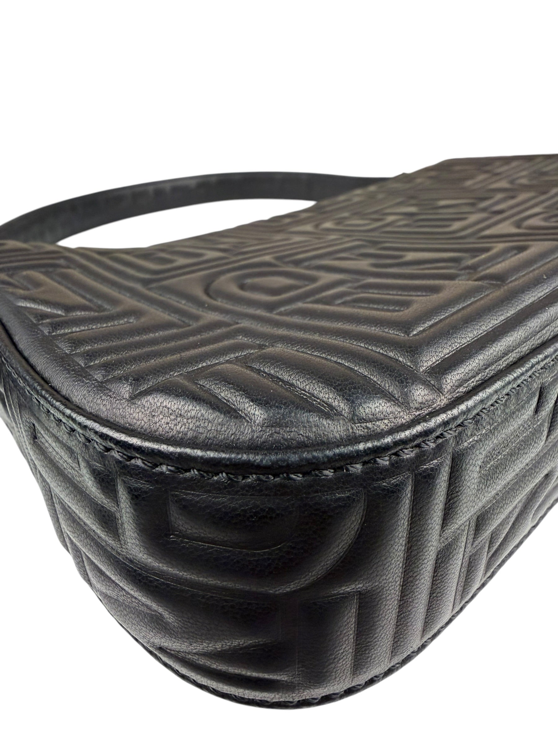 Fendi Black Leather 3D Logo Embossed Baguette