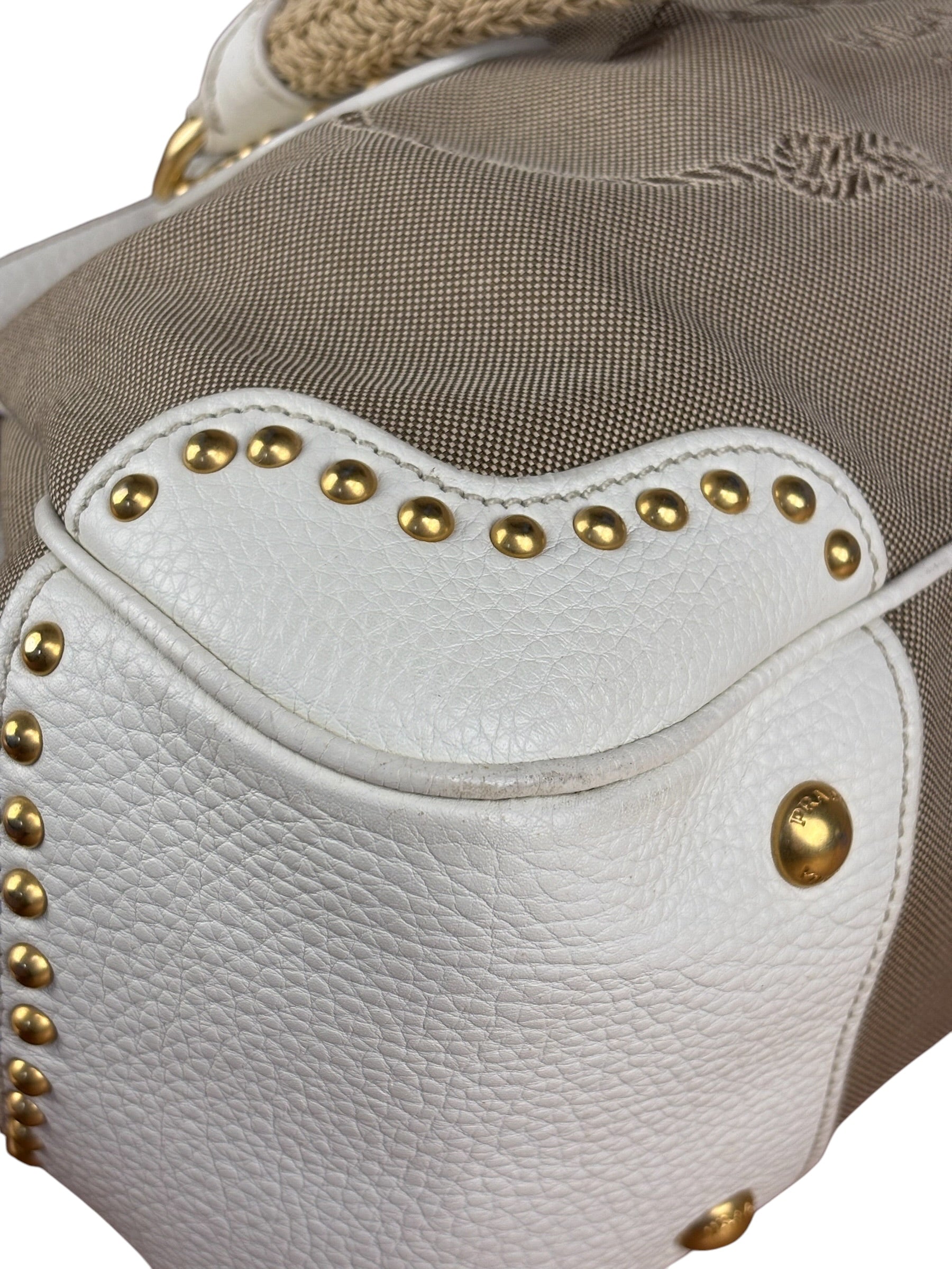 Prada Beige Vitello Trimmed Canapa Bag